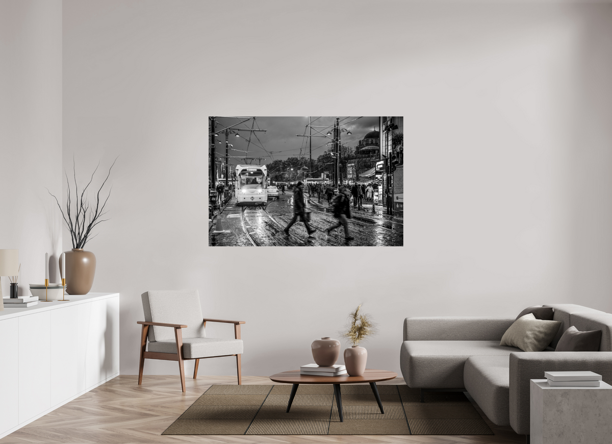66 x 44″, Photo Print On Fuji Crystal DP II Rainy Evening Tram — Istanbul Street Photography (Black & White)
