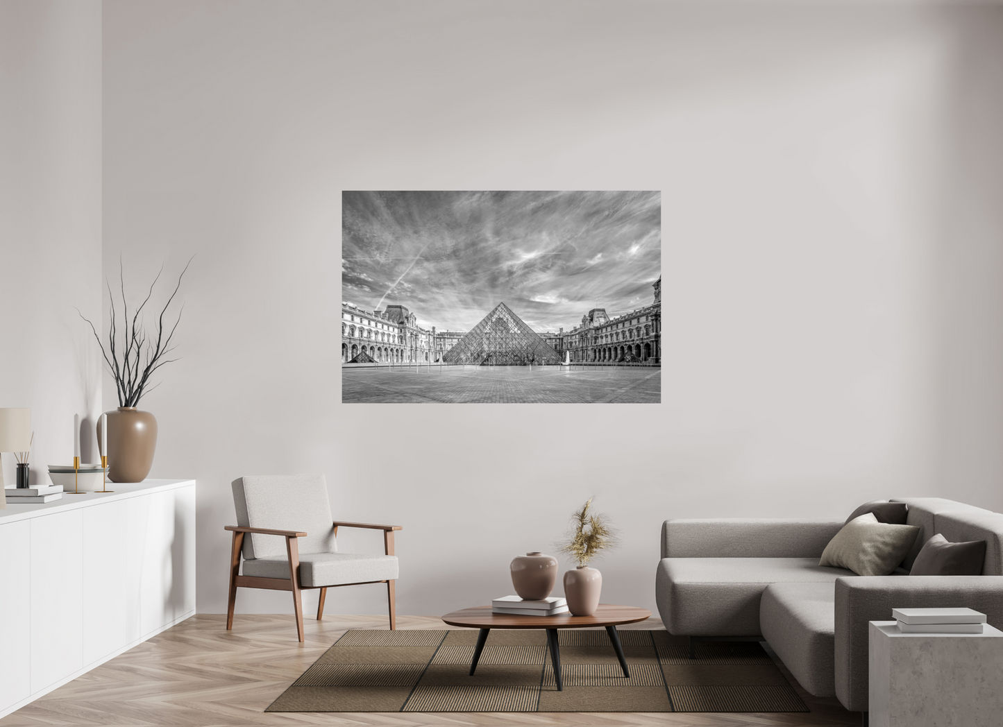 66 x 44″, Photo Print On Fuji Crystal DP II Paris - Architectural Fine Art Photograph (Black & White)- Louvre Pyramid Symphony