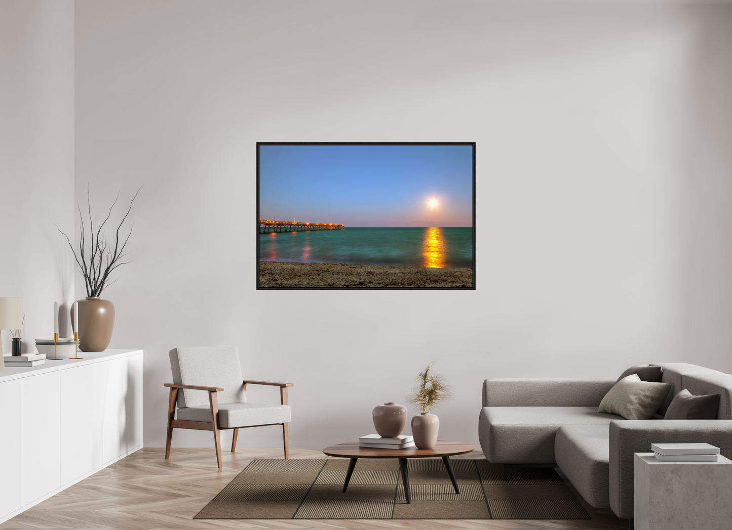 60 x 40″, Floater Frame Moonrise Over the Pier