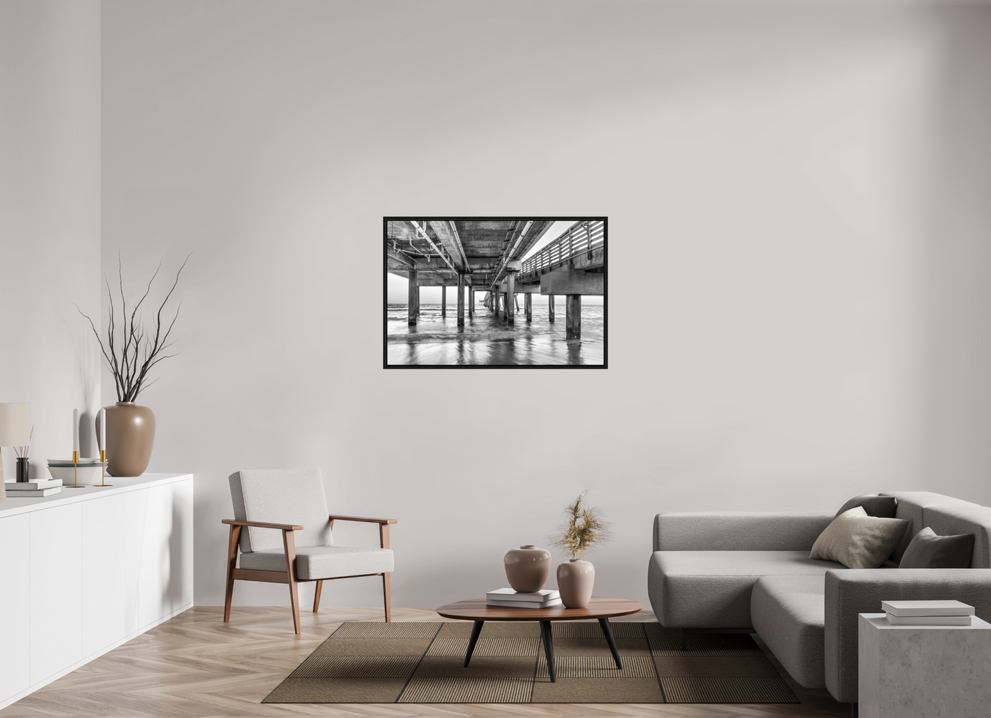 45 x 30″, Floater Frame Florida - Under the Pier — Coastal Geometry in Black & White