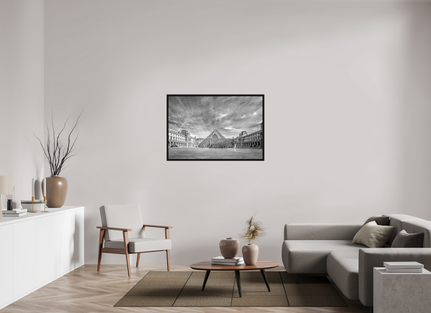 45 x 30″, Floater Frame Paris - Architectural Fine Art Photograph (Black & White)- Louvre Pyramid Symphony