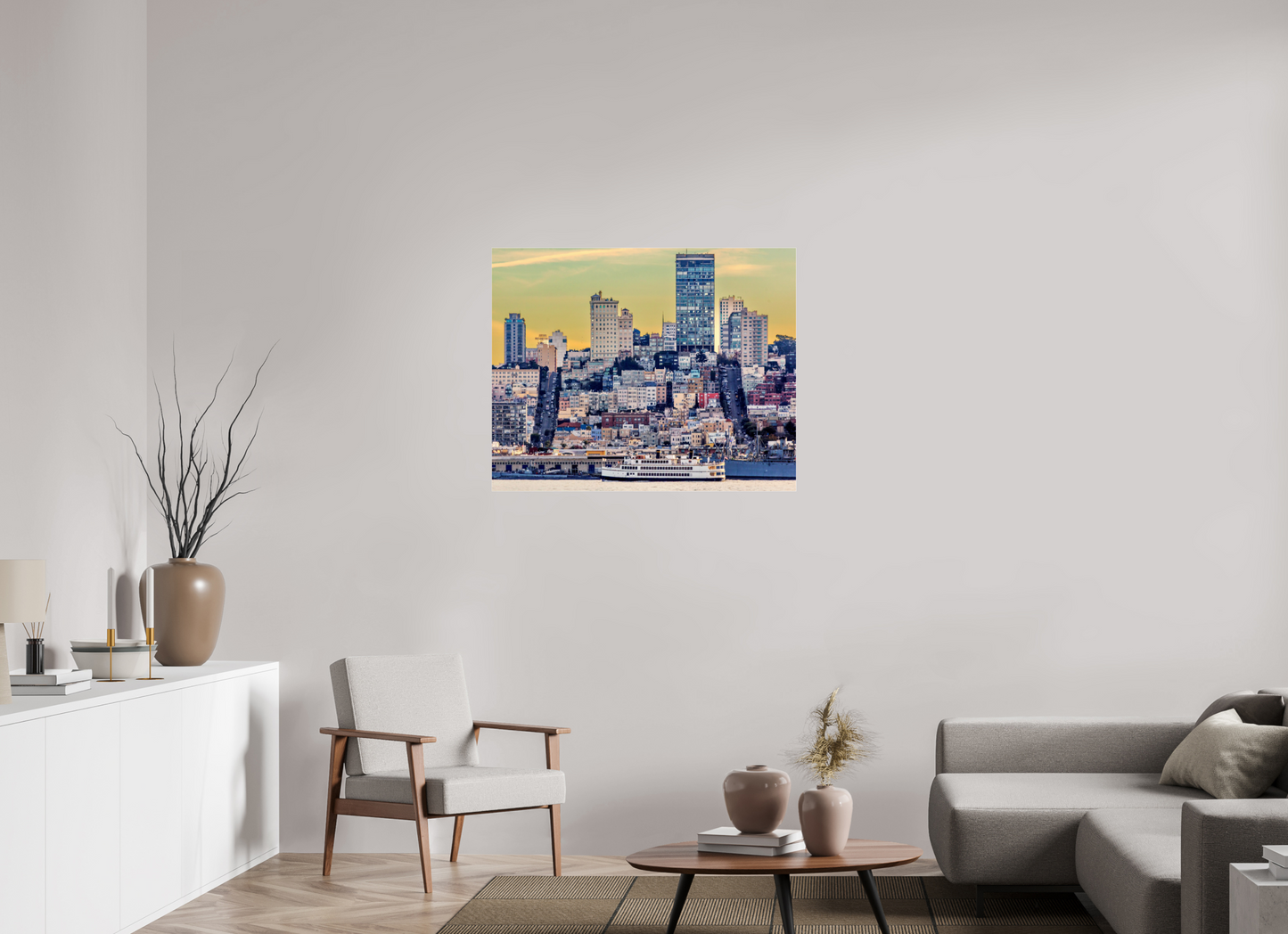 38.7 x 31″, Photo Print Under Acrylic Glass San Francisco - Cityscape with Ferry at Sunse