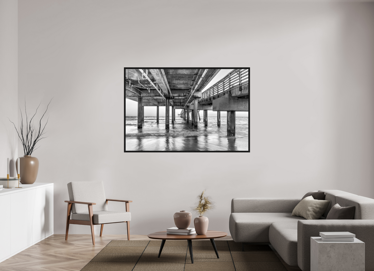 66 x 44″, Floater Frame Florida - Under the Pier — Coastal Geometry in Black & White