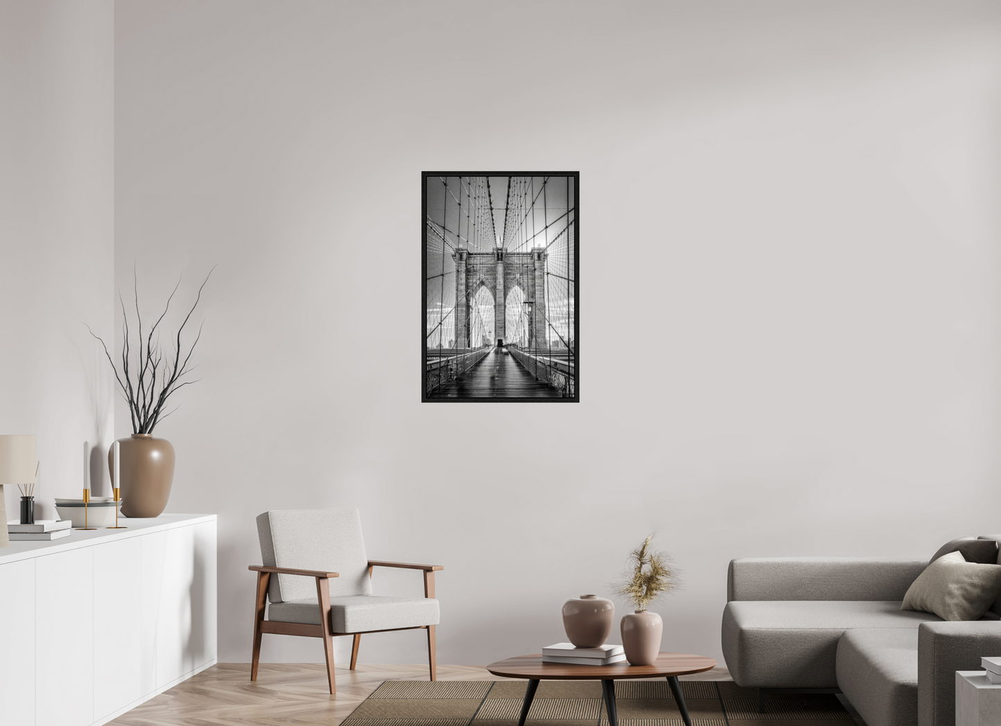 24 x 36″, Floater Frame Lines of Infinity – Brooklyn Bridge Fine Art Black & White Photography Print