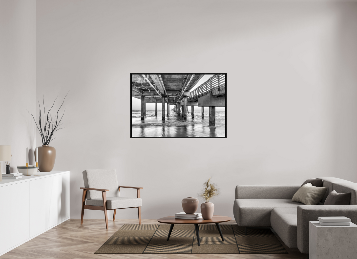 54 x 36″, Floater Frame Florida - Under the Pier — Coastal Geometry in Black & White