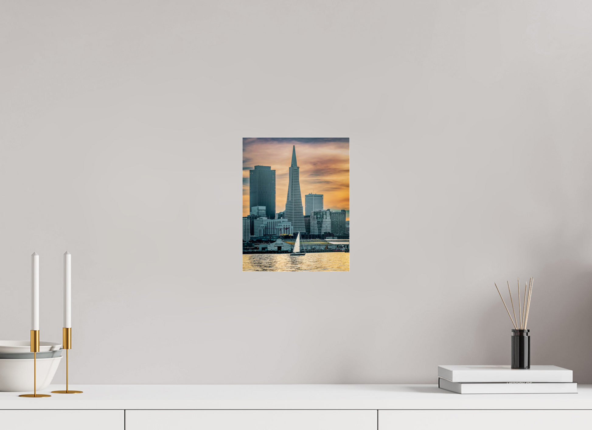 8 x 10″, Photo Print Under Acrylic Glass San Francisco Sunset with Sailboat — Transamerica Pyramid Fine Art Print