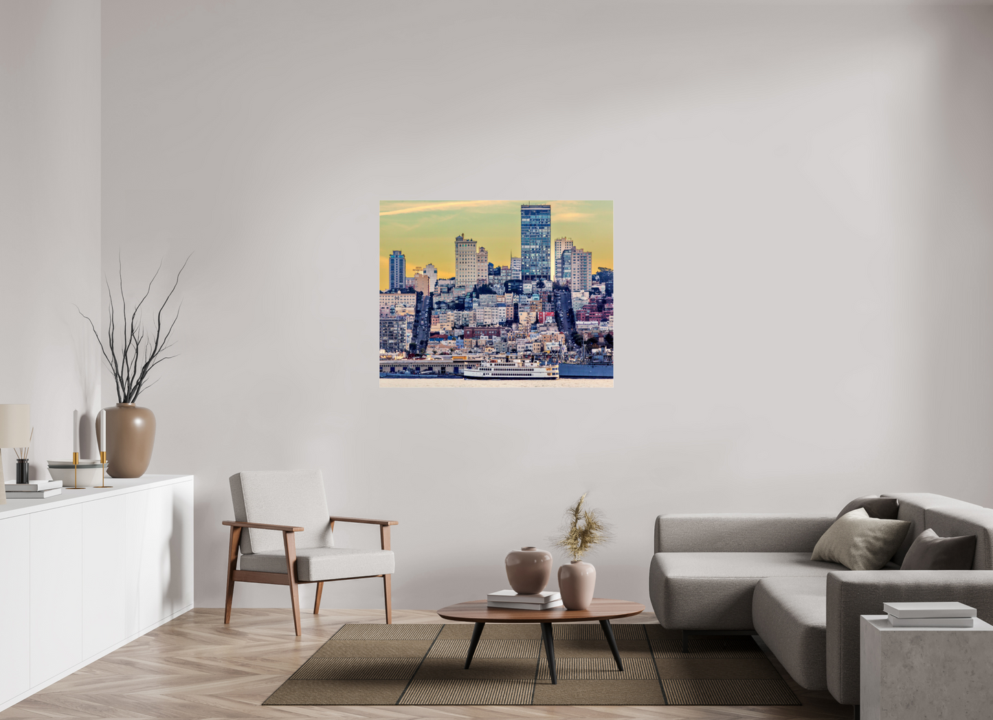 48.7 x 39″, Photo Print Under Acrylic Glass San Francisco - Cityscape with Ferry at Sunse