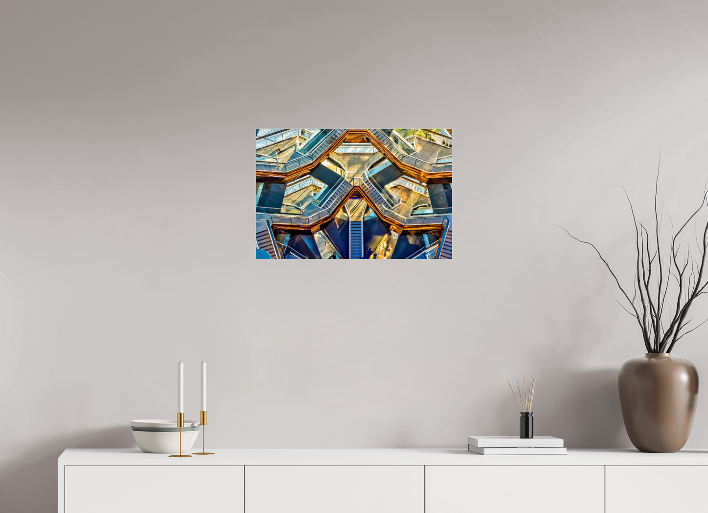 24 x 16″, Photo Print Under Acrylic Glass New York - Golden Geometry — The Vessel, Architectural Fine Art Photograph