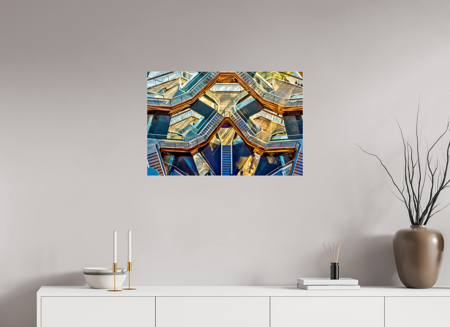 30 x 20″, Photo Print Under Acrylic Glass New York - Golden Geometry — The Vessel, Architectural Fine Art Photograph