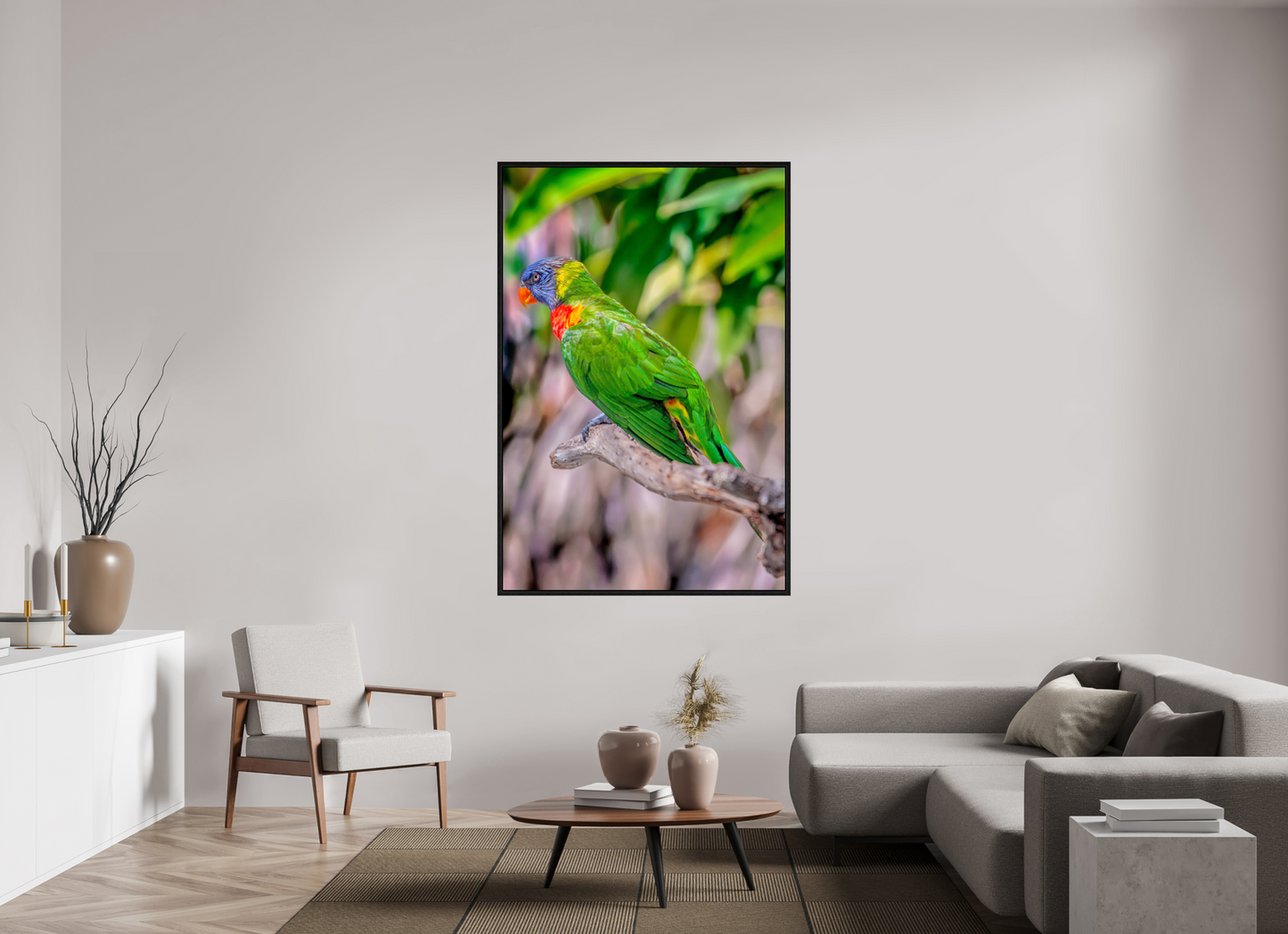 44 x 66″, Floater Frame Rainbow Lorikeet on Branch – Vibrant Tropical Bird Fine Art Photography Print