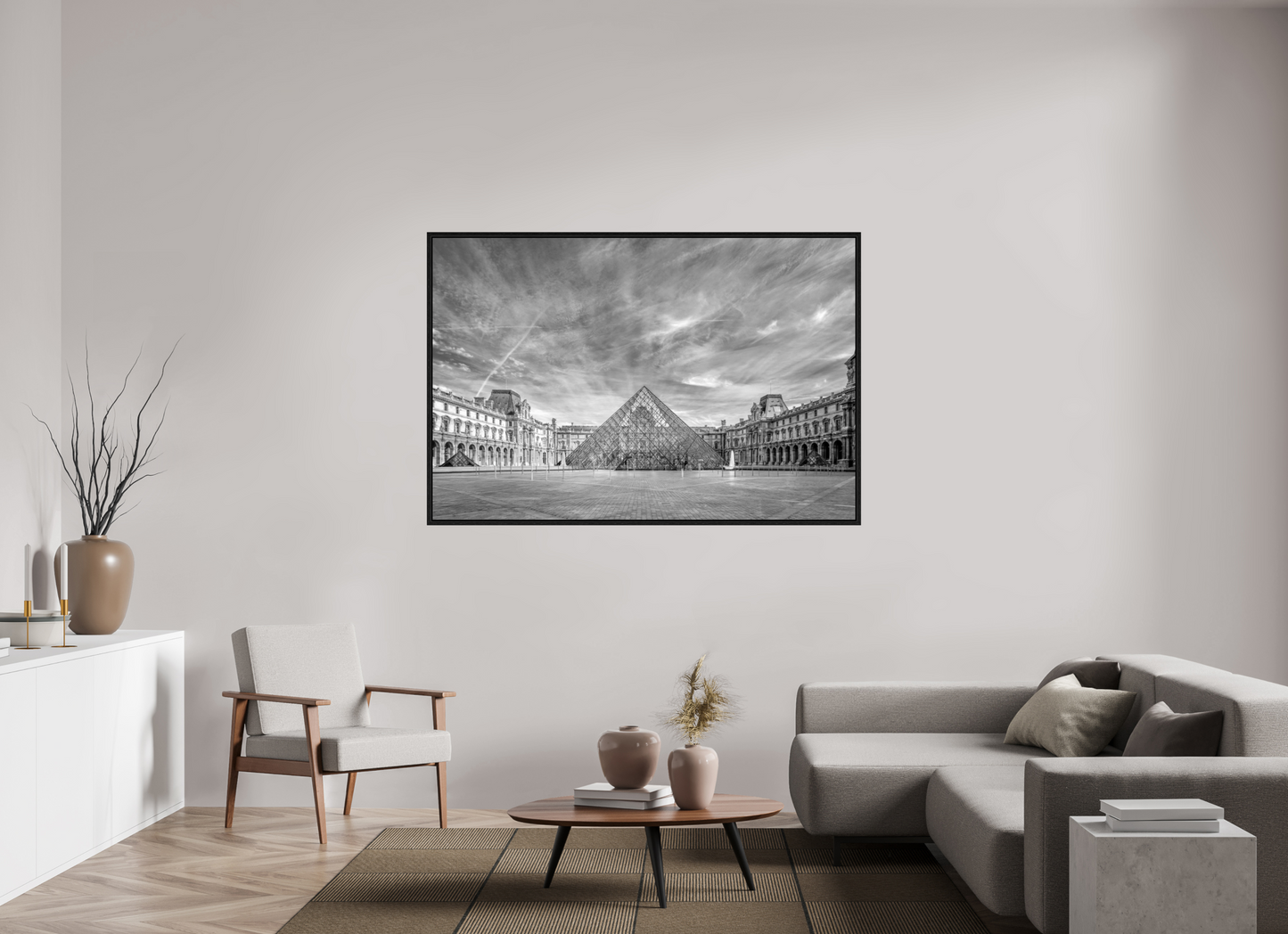 66 x 44″, Floater Frame Paris - Architectural Fine Art Photograph (Black & White)- Louvre Pyramid Symphony