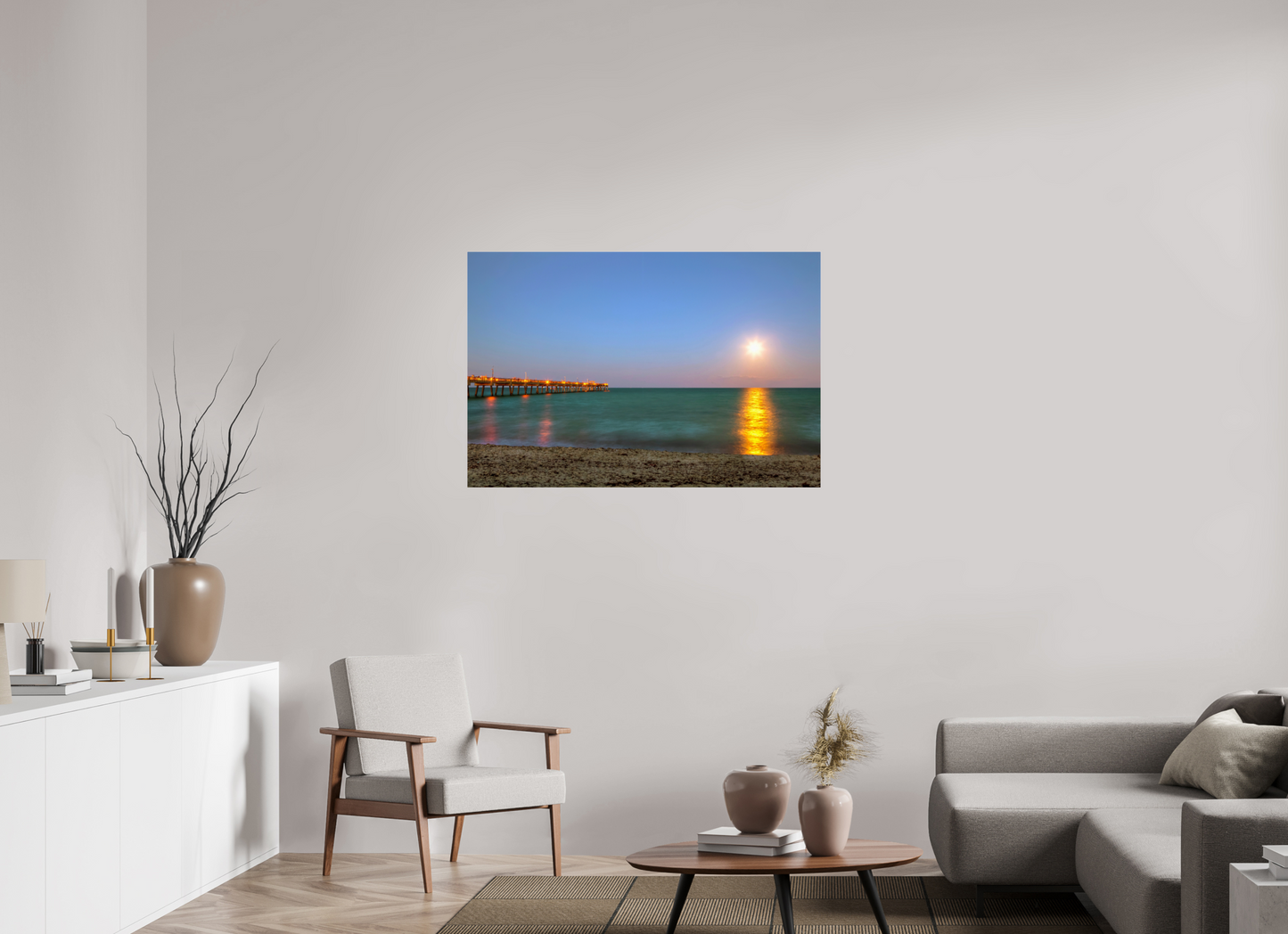45 x 30″, Photo Print Under Acrylic Glass Moonrise Over the Pier