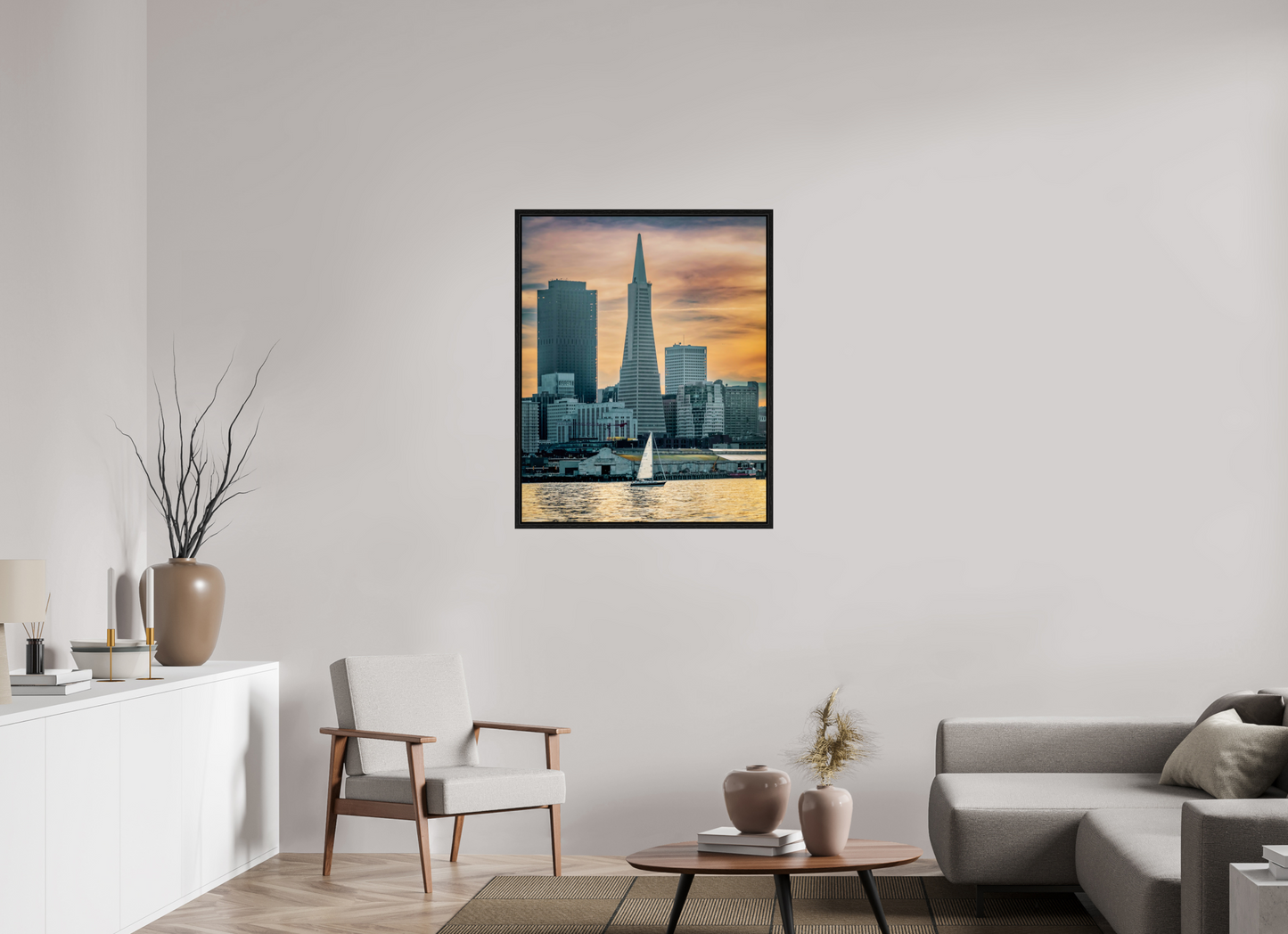 31 x 38.7″, Floater Frame San Francisco Sunset with Sailboat — Transamerica Pyramid Fine Art Print