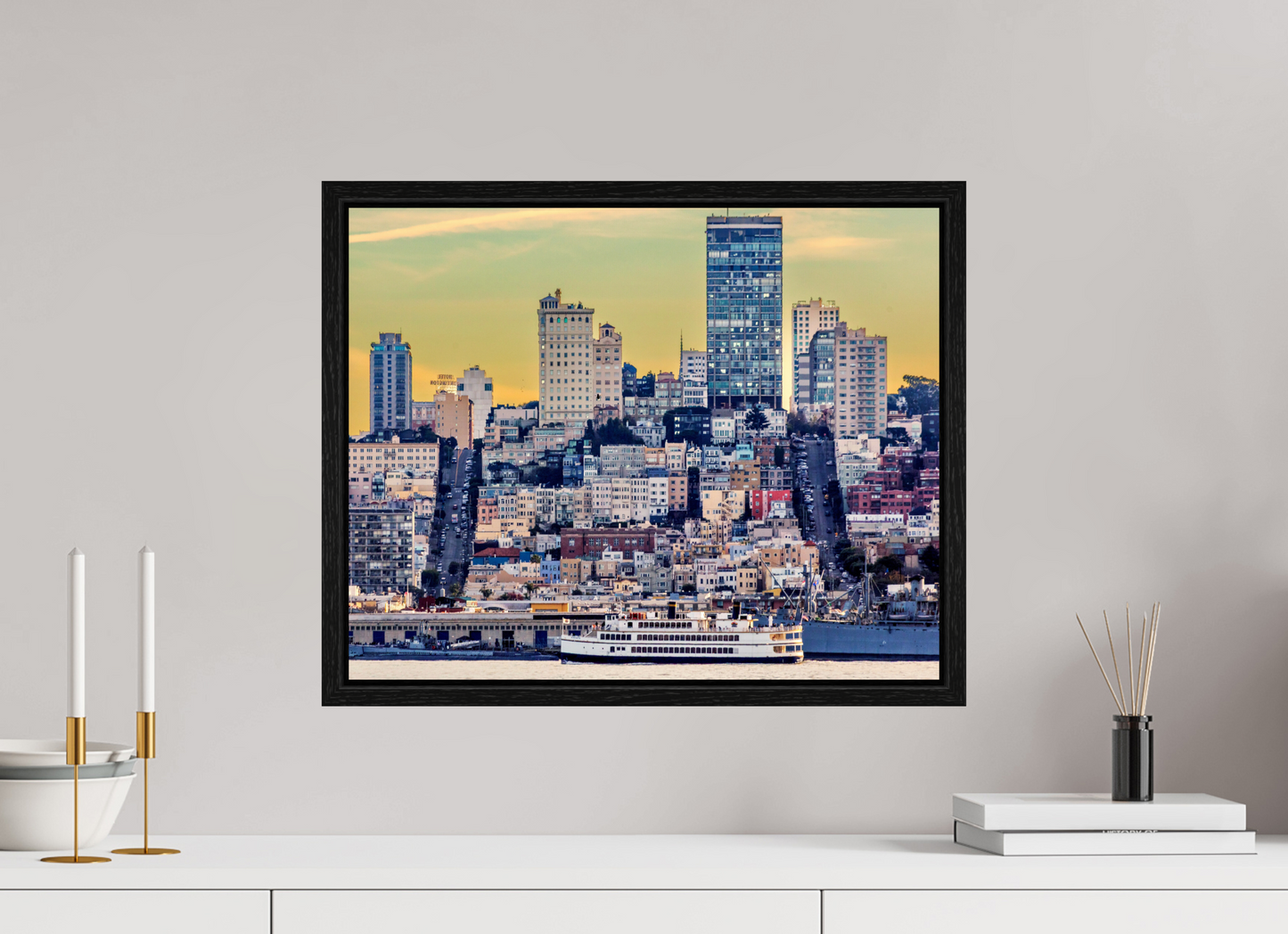 20 x 16″, Floater Frame San Francisco - Cityscape with Ferry at Sunse