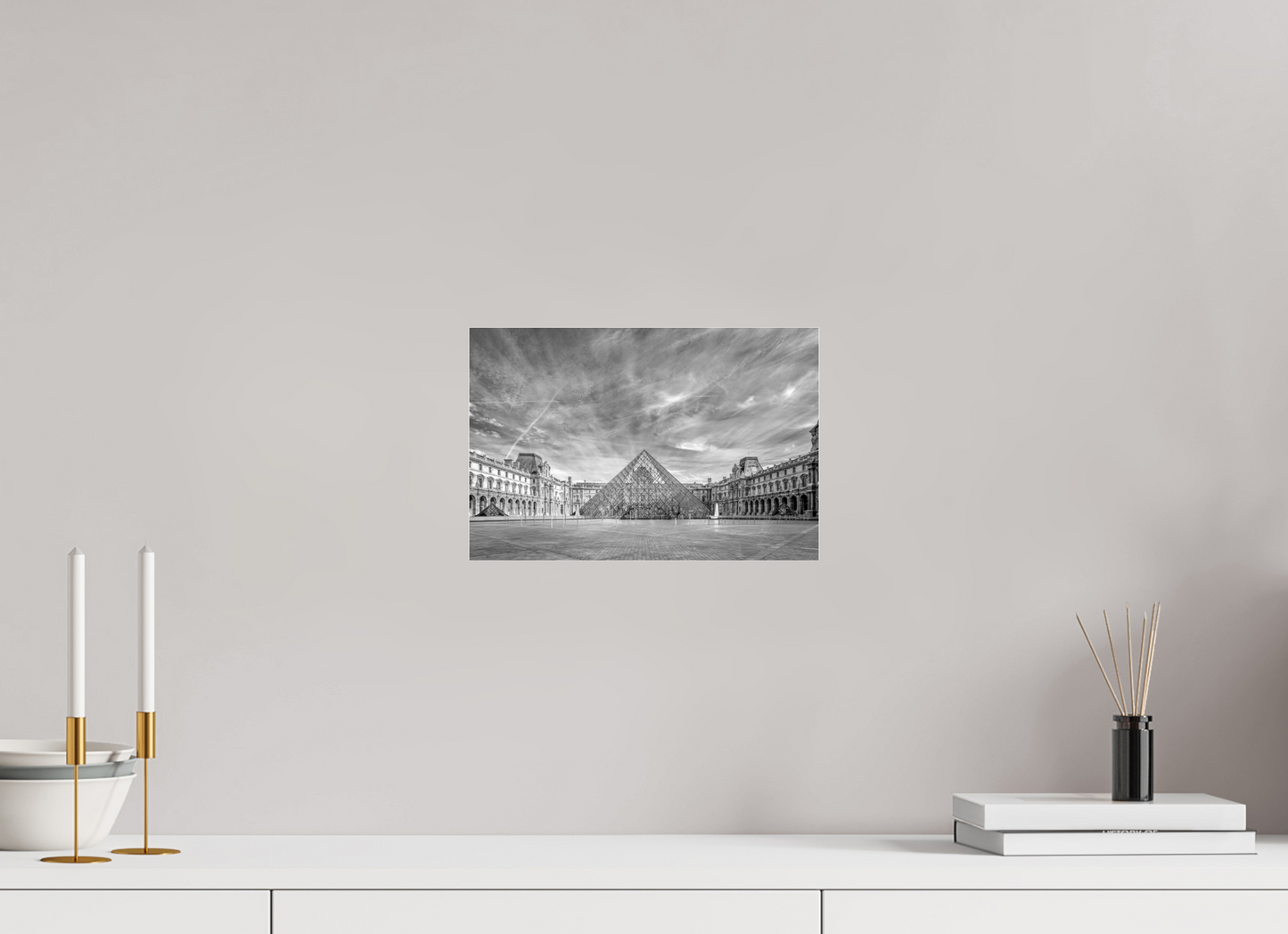 12 x 8″, Photo Print Under Acrylic Glass Paris - Architectural Fine Art Photograph (Black & White)- Louvre Pyramid Symphony