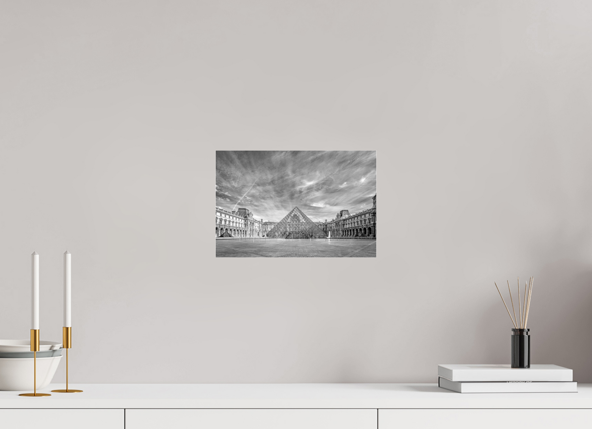 12 x 8″, Photo Print Under Acrylic Glass Paris - Architectural Fine Art Photograph (Black & White)- Louvre Pyramid Symphony