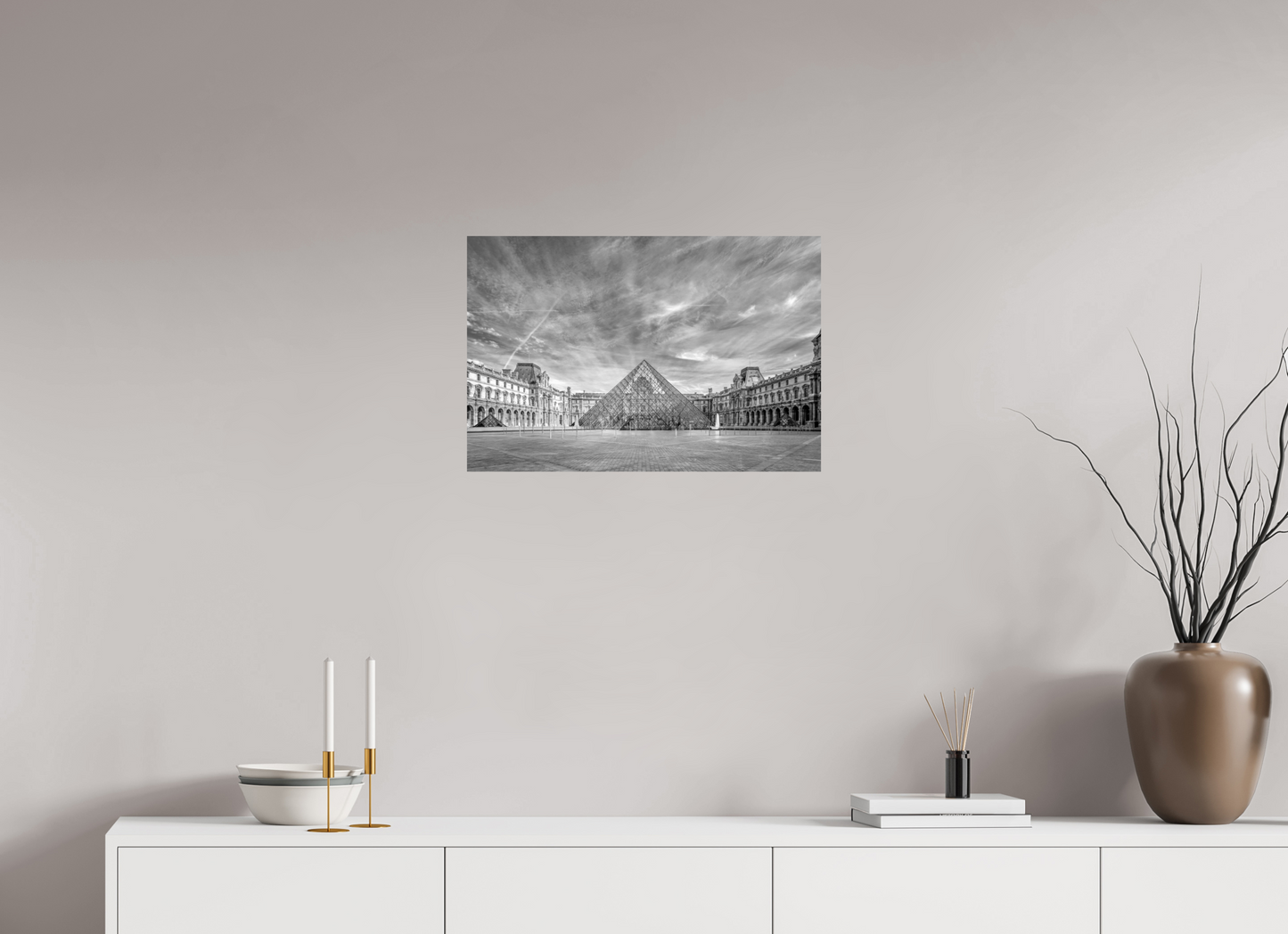 24 x 16″, Photo Print On Fuji Crystal DP II Paris - Architectural Fine Art Photograph (Black & White)- Louvre Pyramid Symphony