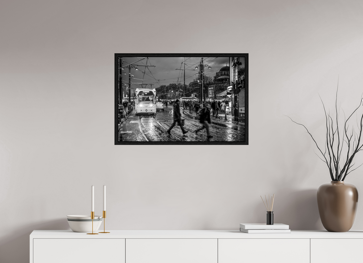 30 x 20″, Floater Frame Rainy Evening Tram — Istanbul Street Photography (Black & White)