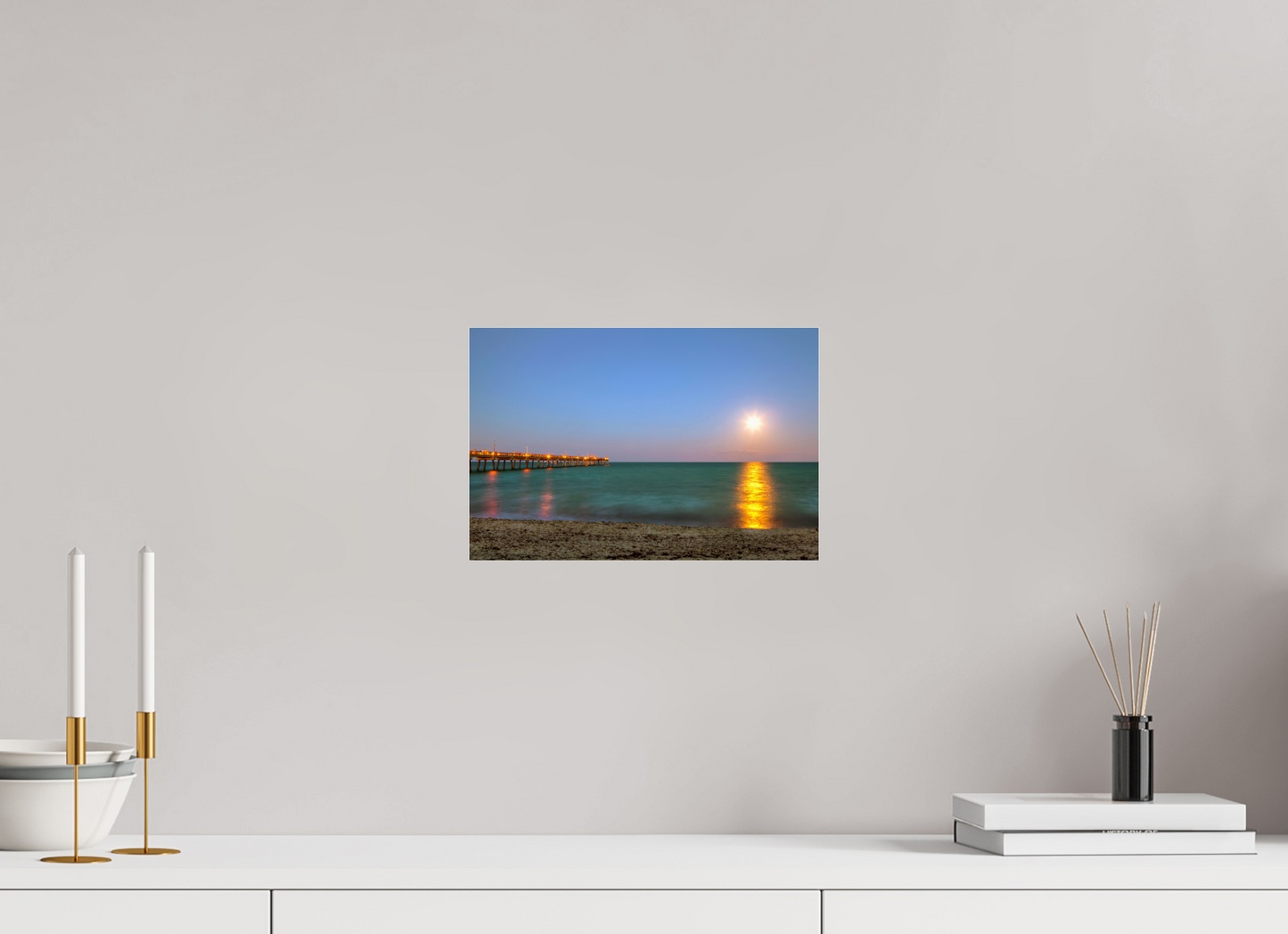12 x 8″, Photo Print Under Acrylic Glass Moonrise Over the Pier