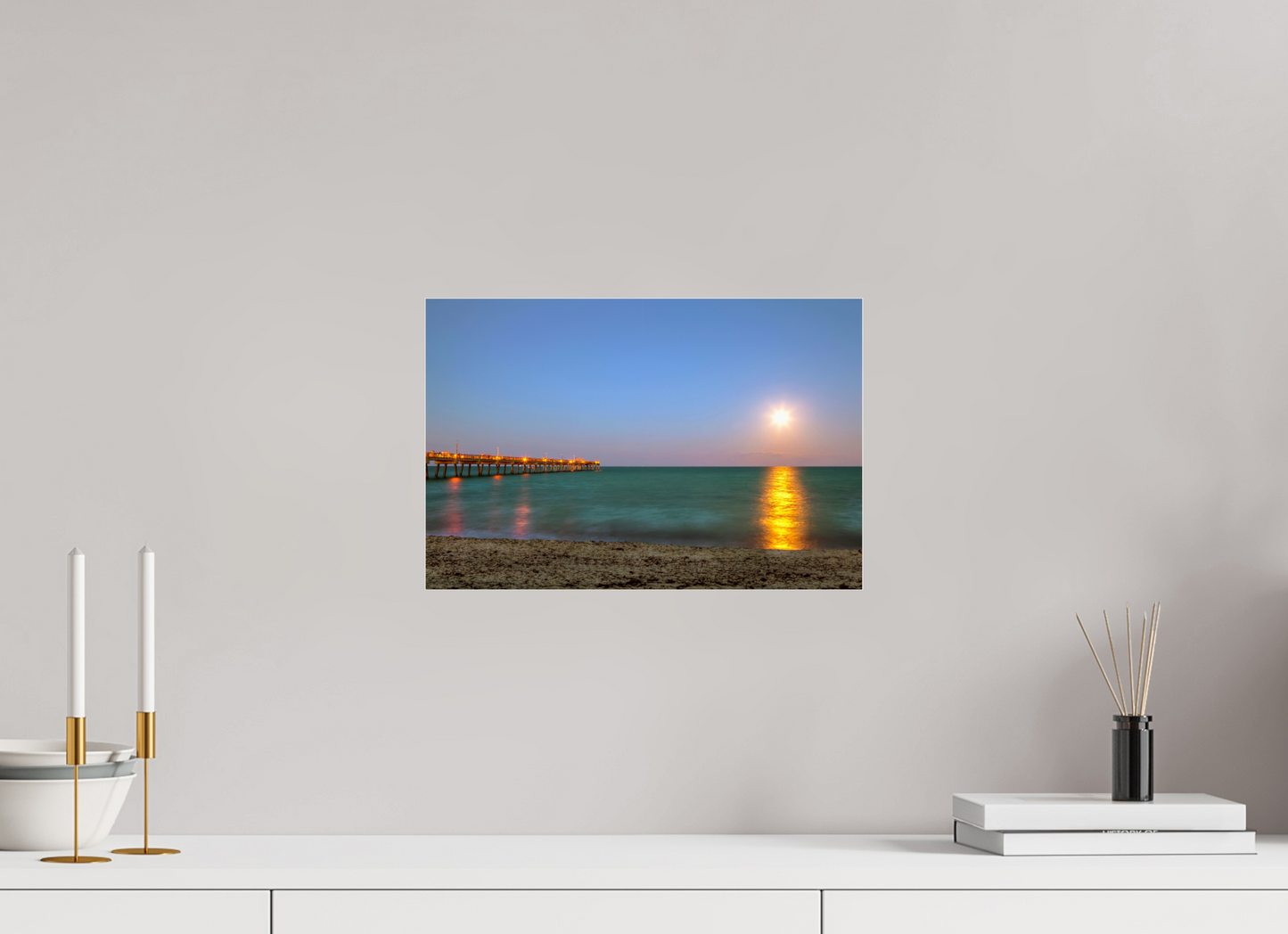 15 x 10″, Photo Print Under Acrylic Glass Moonrise Over the Pier