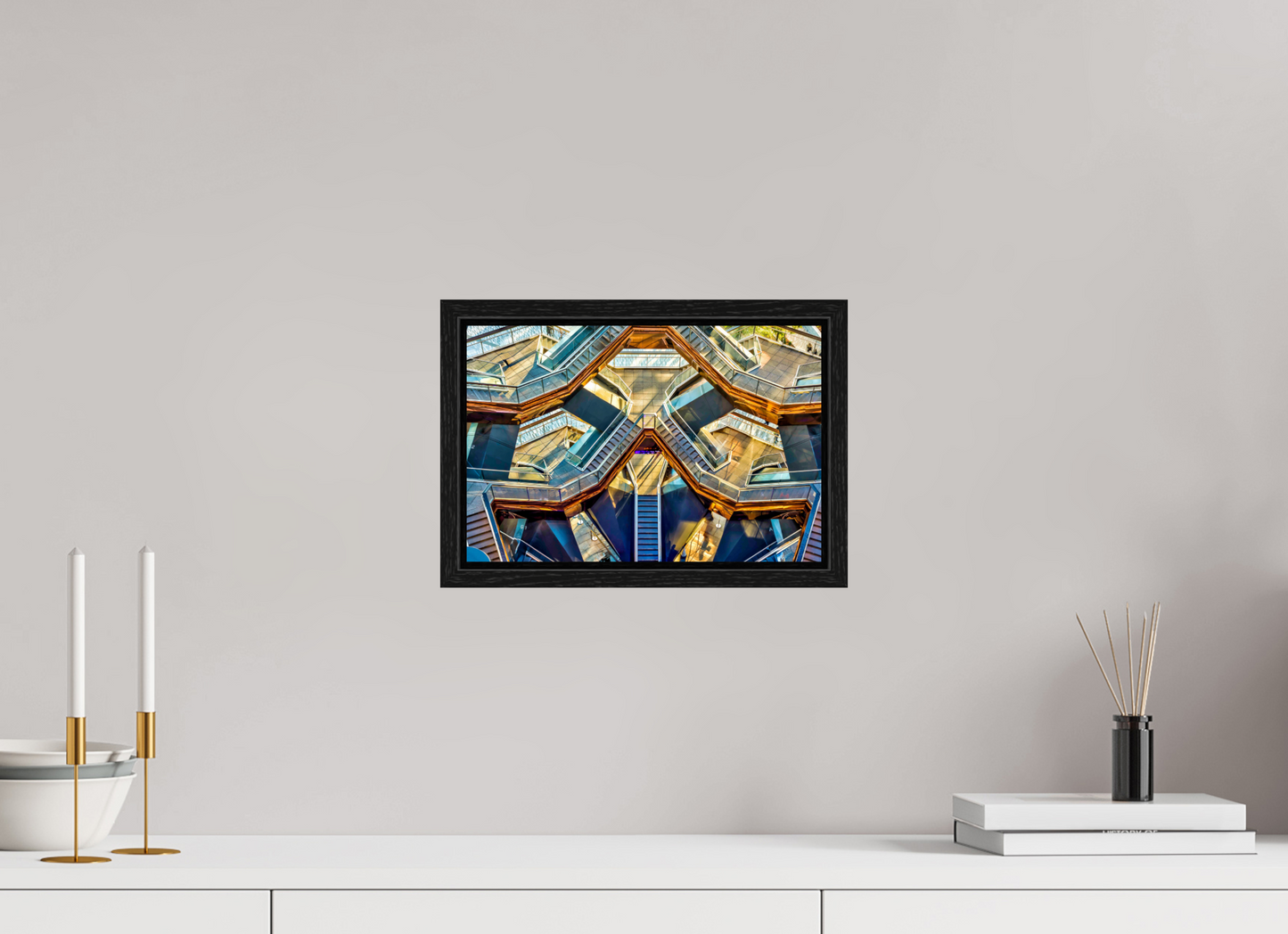 12 x 8″, Floater Frame New York - Golden Geometry — The Vessel, Architectural Fine Art Photograph