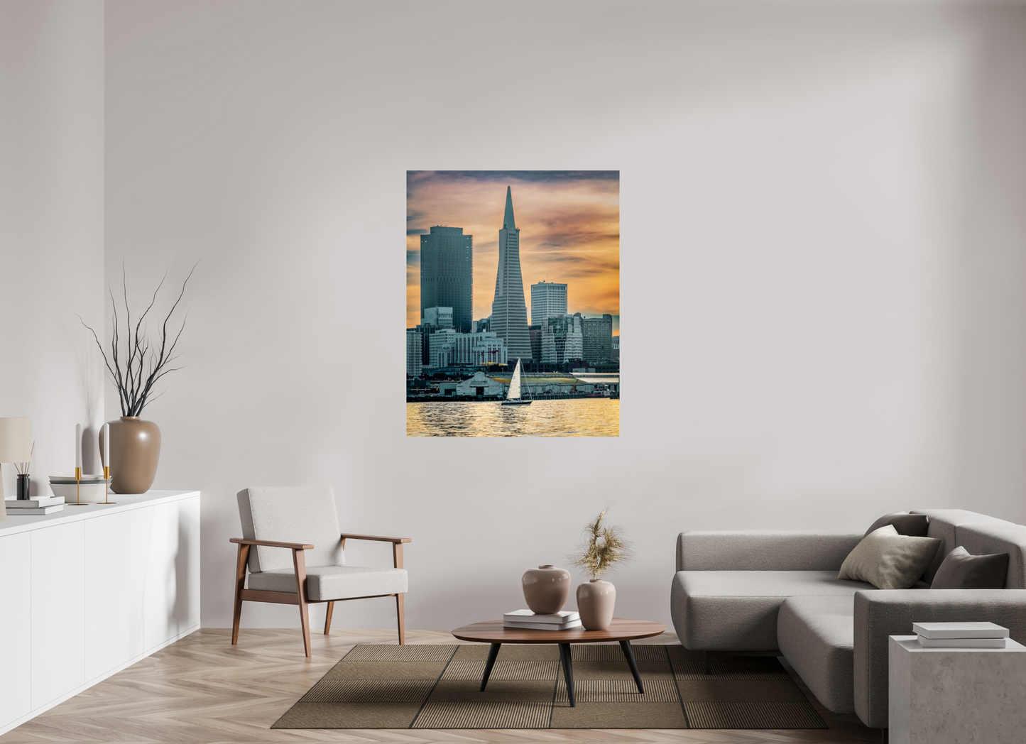 43 x 53.7″, Photo Print Under Acrylic Glass San Francisco Sunset with Sailboat — Transamerica Pyramid Fine Art Print