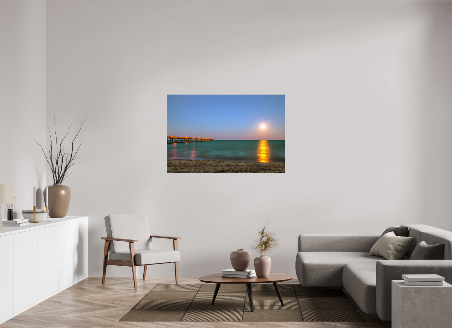 54 x 36″, Photo Print Under Acrylic Glass Moonrise Over the Pier
