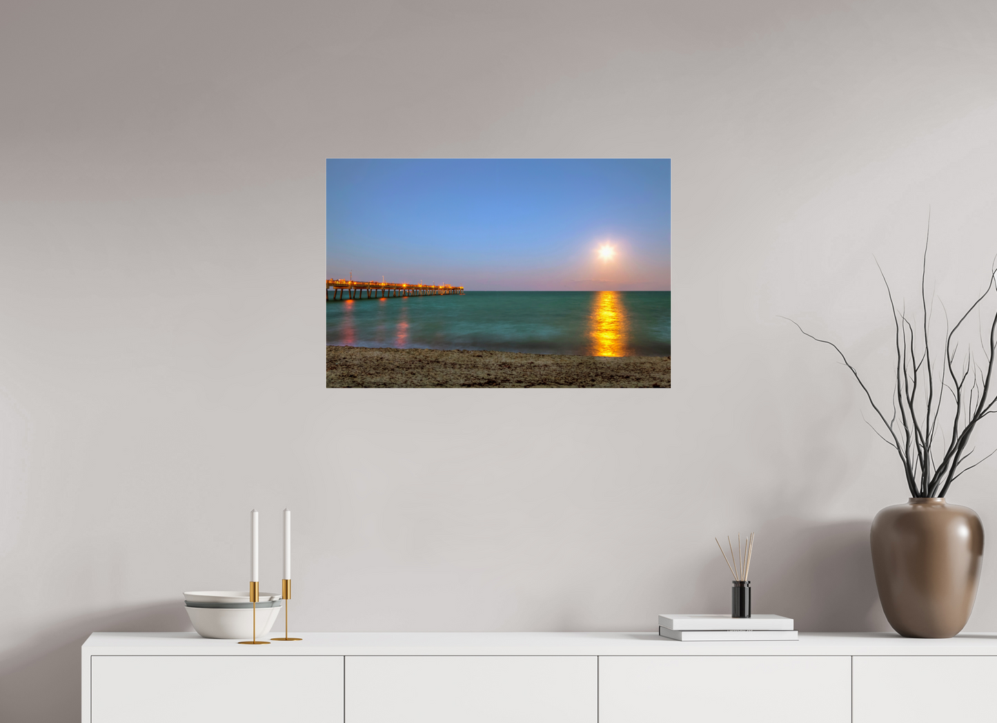 30 x 20″, Photo Print Under Acrylic Glass Moonrise Over the Pier
