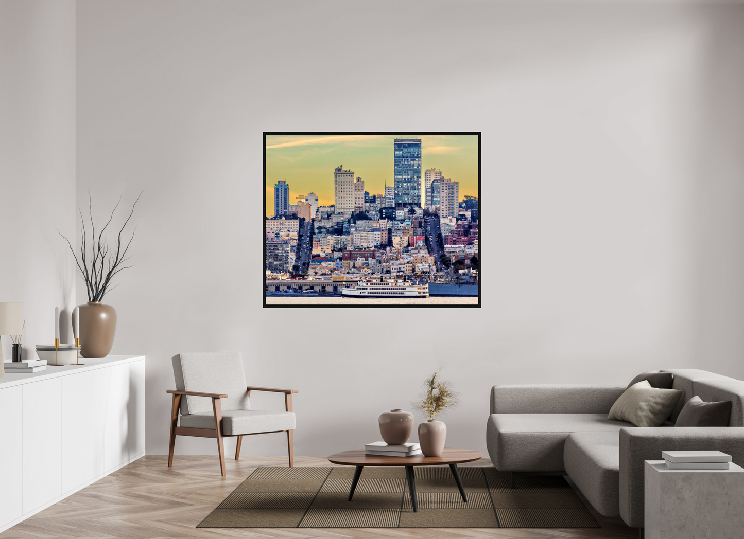 58.7 x 47″, Floater Frame San Francisco - Cityscape with Ferry at Sunse