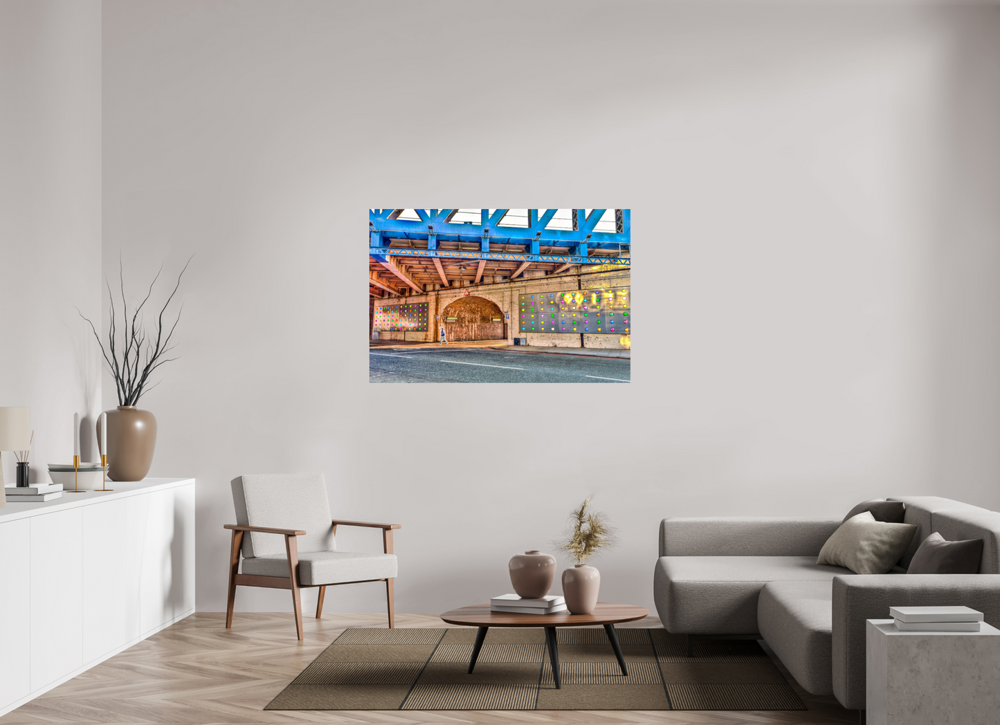 54 x 36″, Photo Print Under Acrylic Glass London Fine Art Photograph - Urban Geometry Under Blue Steel