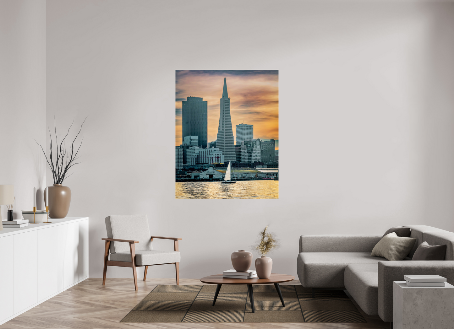 47 x 58.7″, Photo Print Under Acrylic Glass San Francisco Sunset with Sailboat — Transamerica Pyramid Fine Art Print