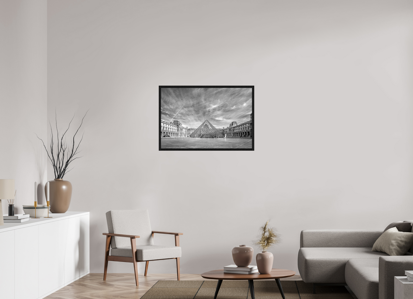 36 x 24″, Floater Frame Paris - Architectural Fine Art Photograph (Black & White)- Louvre Pyramid Symphony