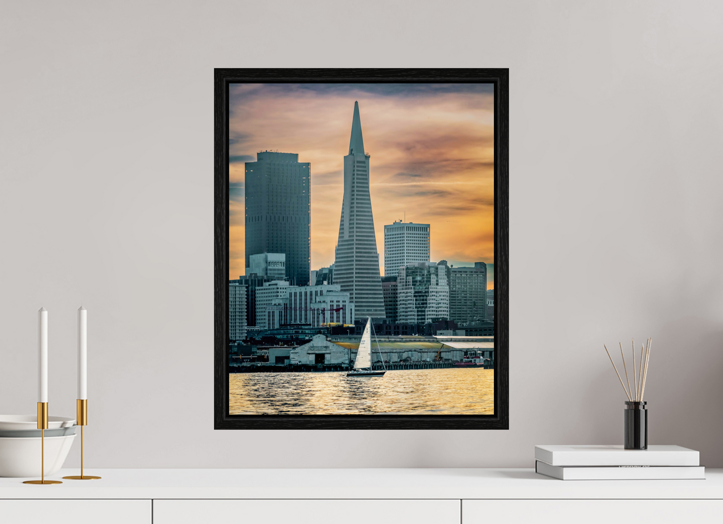 16 x 20″, Floater Frame San Francisco Sunset with Sailboat — Transamerica Pyramid Fine Art Print