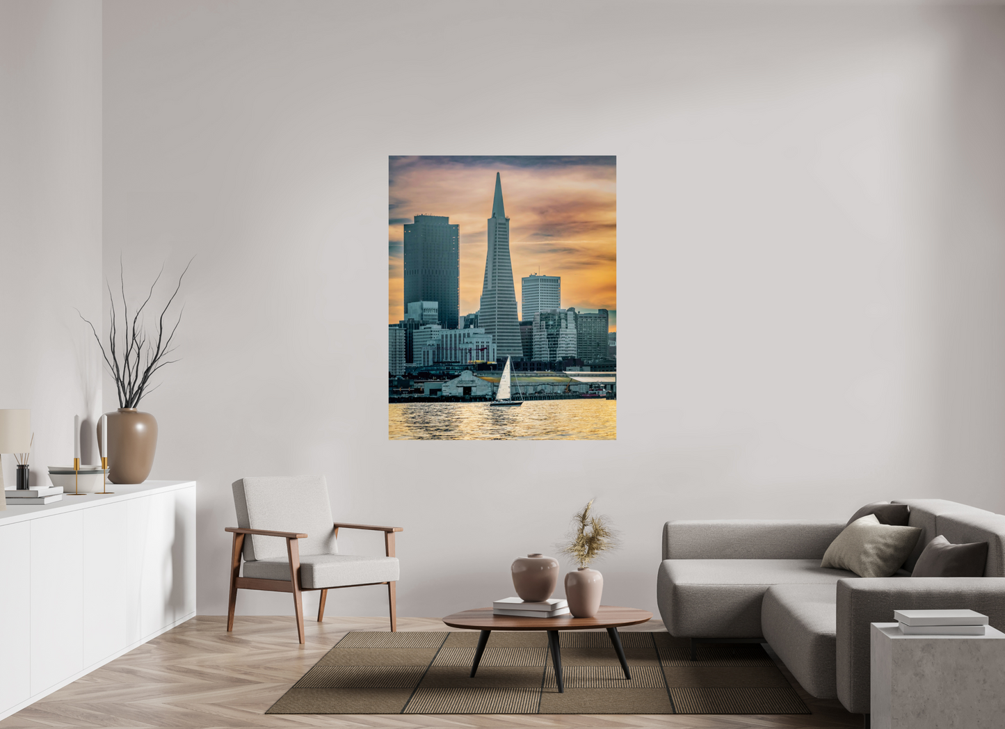 47 x 58.7″, Photo Print On Fuji Crystal DP II San Francisco Sunset with Sailboat — Transamerica Pyramid Fine Art Print