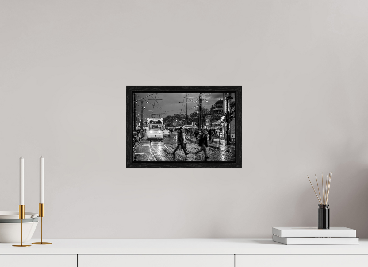 12 x 8″, Floater Frame Rainy Evening Tram — Istanbul Street Photography (Black & White)