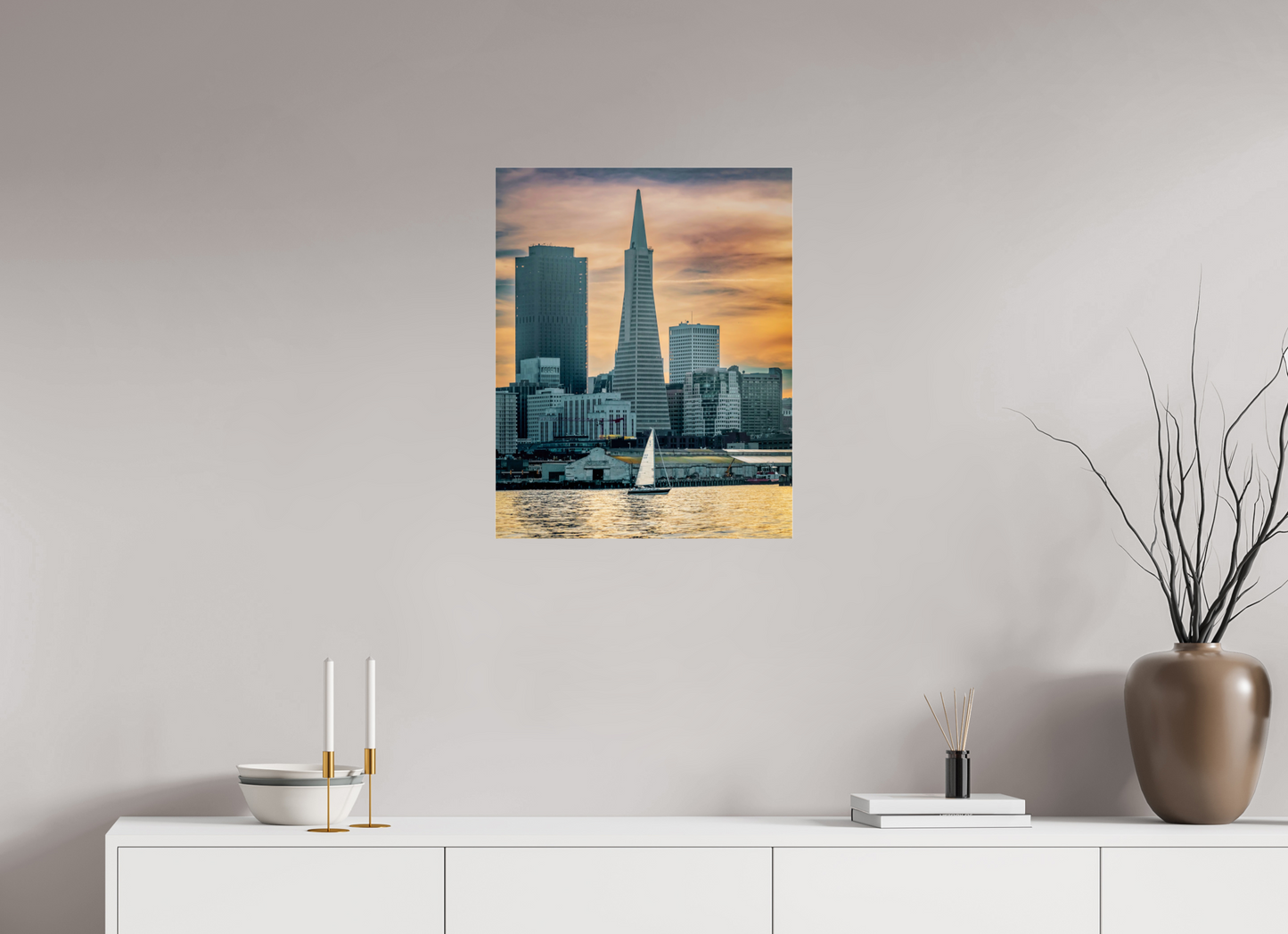 20 x 25″, Photo Print Under Acrylic Glass San Francisco Sunset with Sailboat — Transamerica Pyramid Fine Art Print