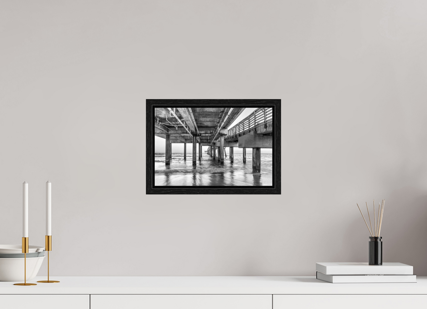 12 x 8″, Floater Frame Florida - Under the Pier — Coastal Geometry in Black & White