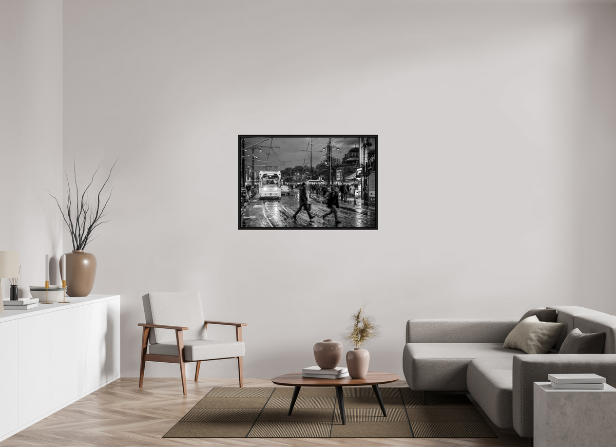 45 x 30″, Floater Frame Rainy Evening Tram — Istanbul Street Photography (Black & White)