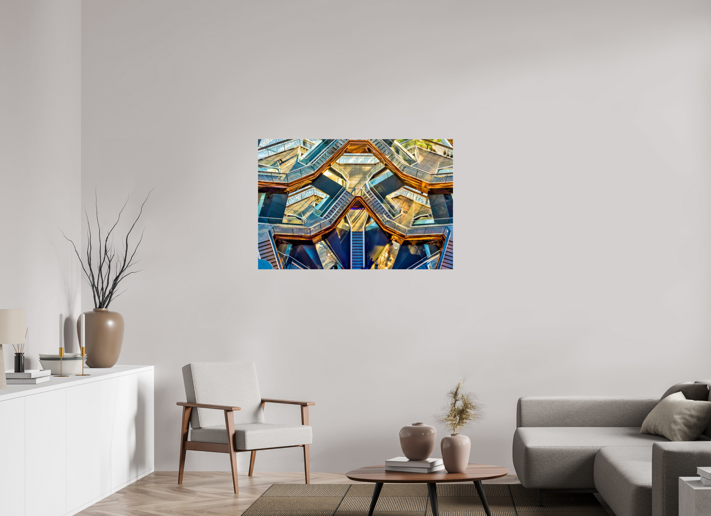 45 x 30″, Photo Print Under Acrylic Glass New York - Golden Geometry — The Vessel, Architectural Fine Art Photograph
