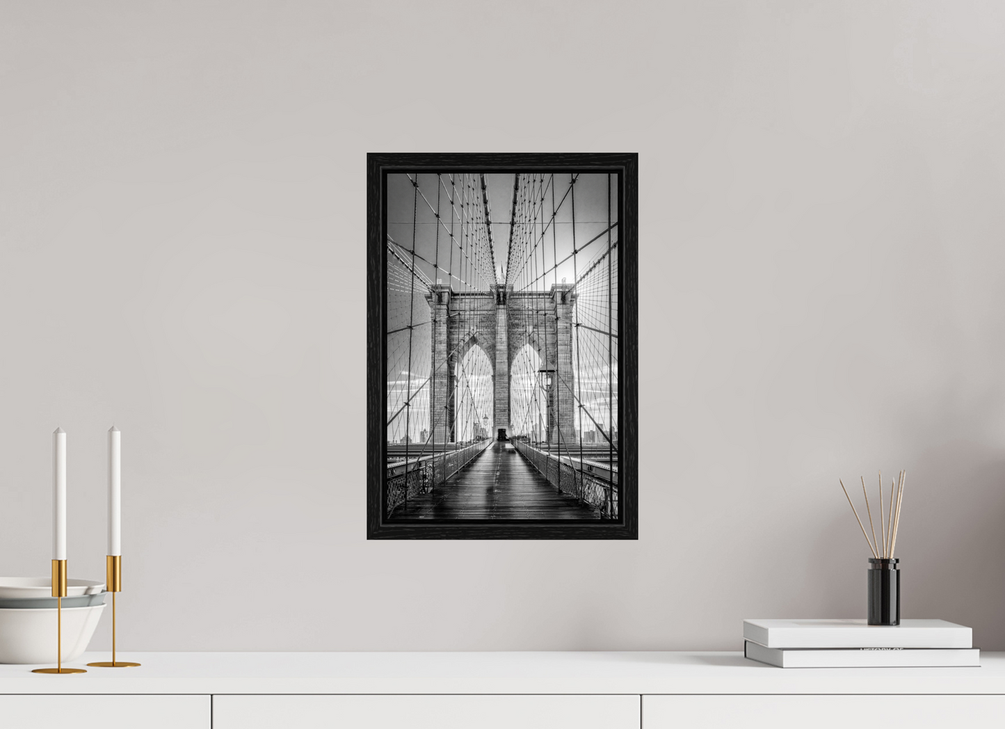 10 x 15″, Floater Frame Lines of Infinity – Brooklyn Bridge Fine Art Black & White Photography Print