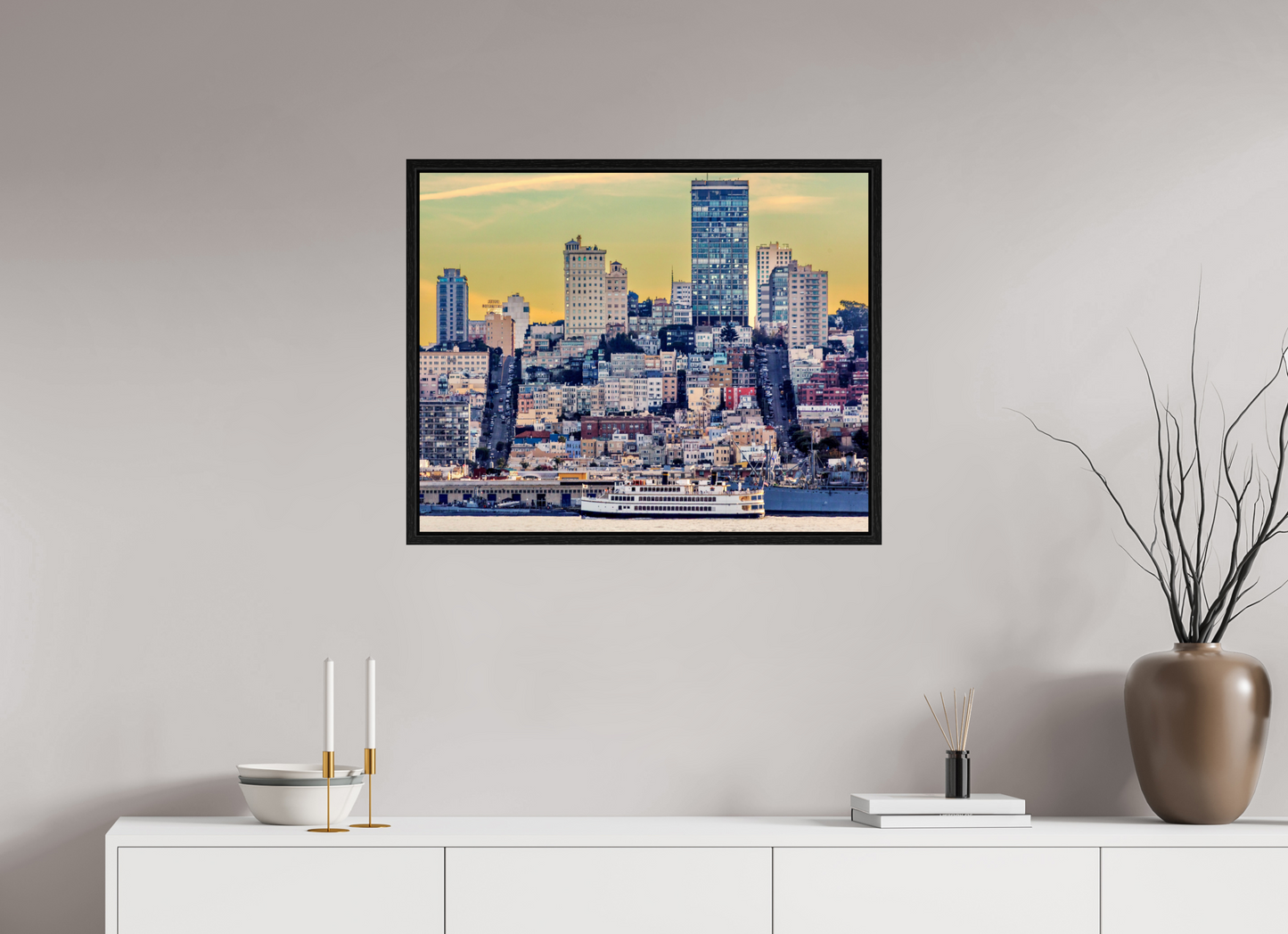 30 x 24″, Floater Frame San Francisco - Cityscape with Ferry at Sunse
