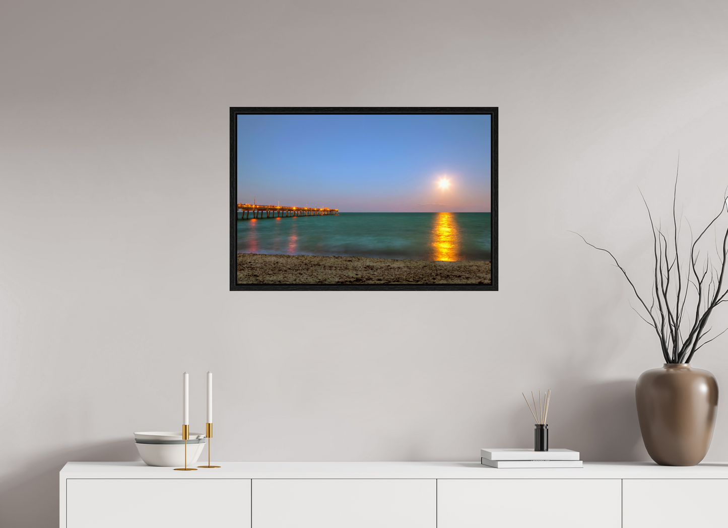 30 x 20″, Floater Frame Moonrise Over the Pier