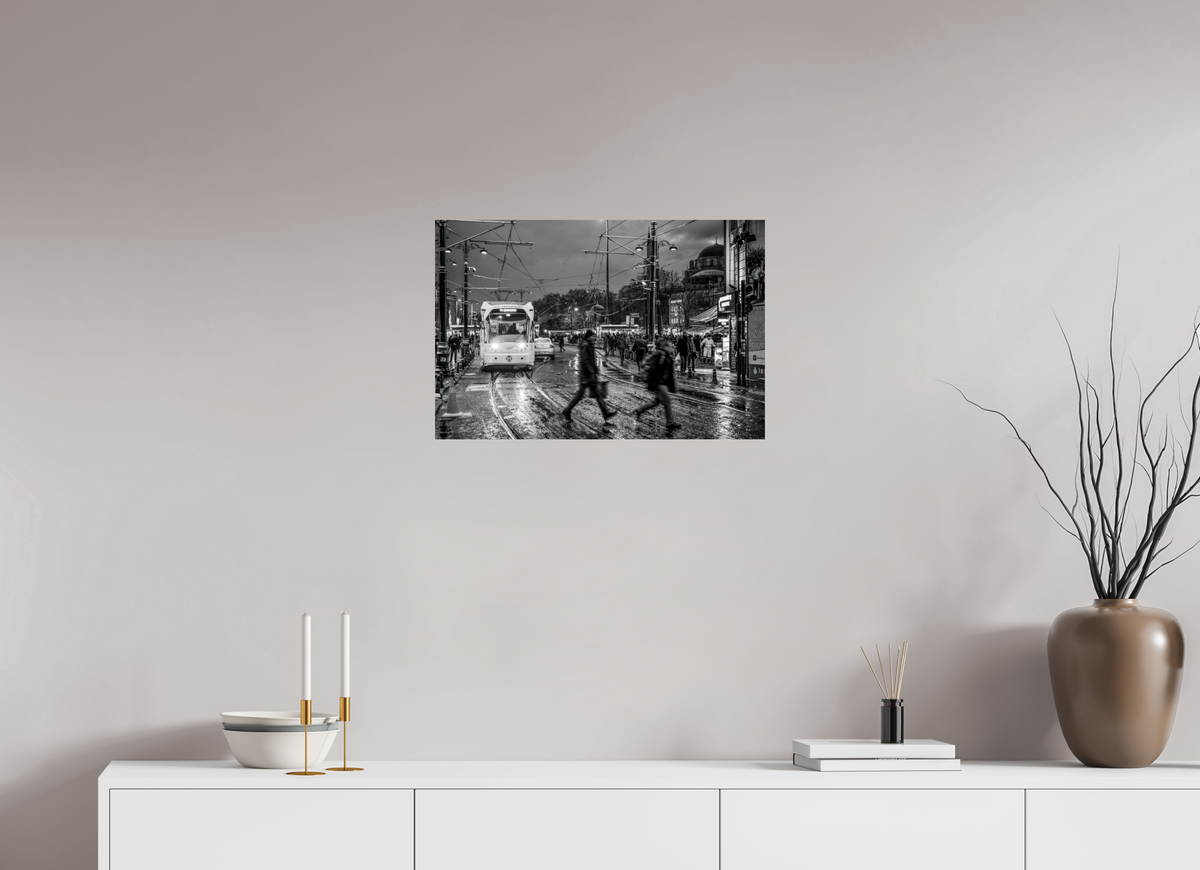24 x 16″, Photo Print On Fuji Crystal DP II Rainy Evening Tram — Istanbul Street Photography (Black & White)