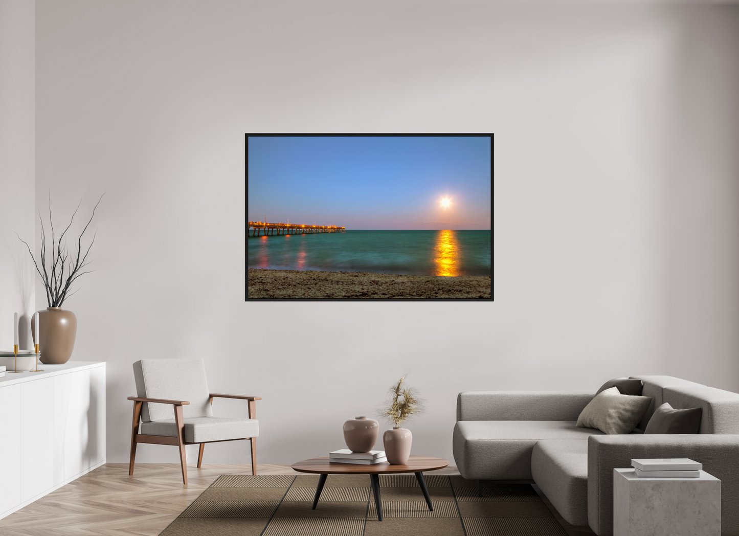 66 x 44″, Floater Frame Moonrise Over the Pier