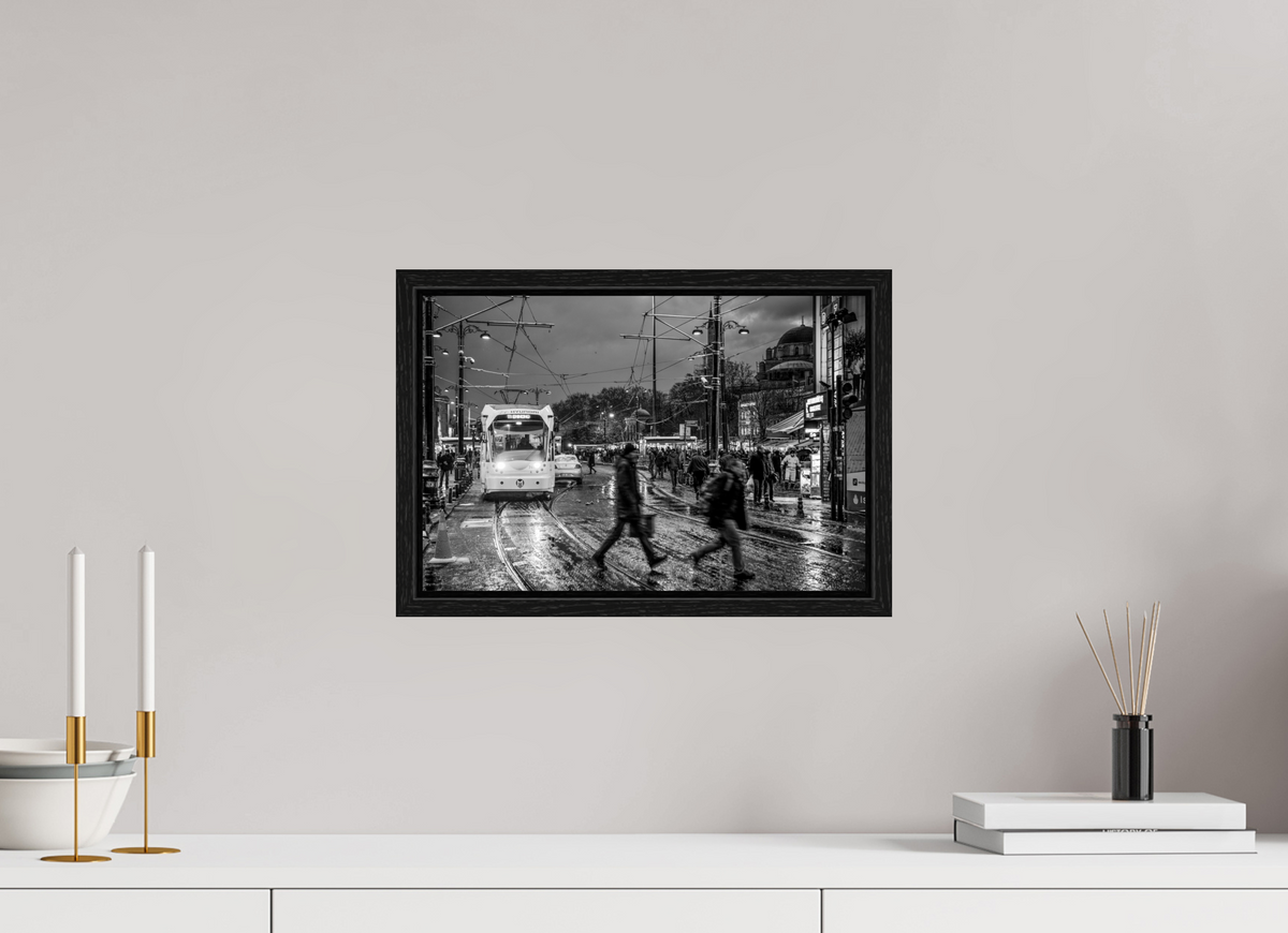 15 x 10″, Floater Frame Rainy Evening Tram — Istanbul Street Photography (Black & White)