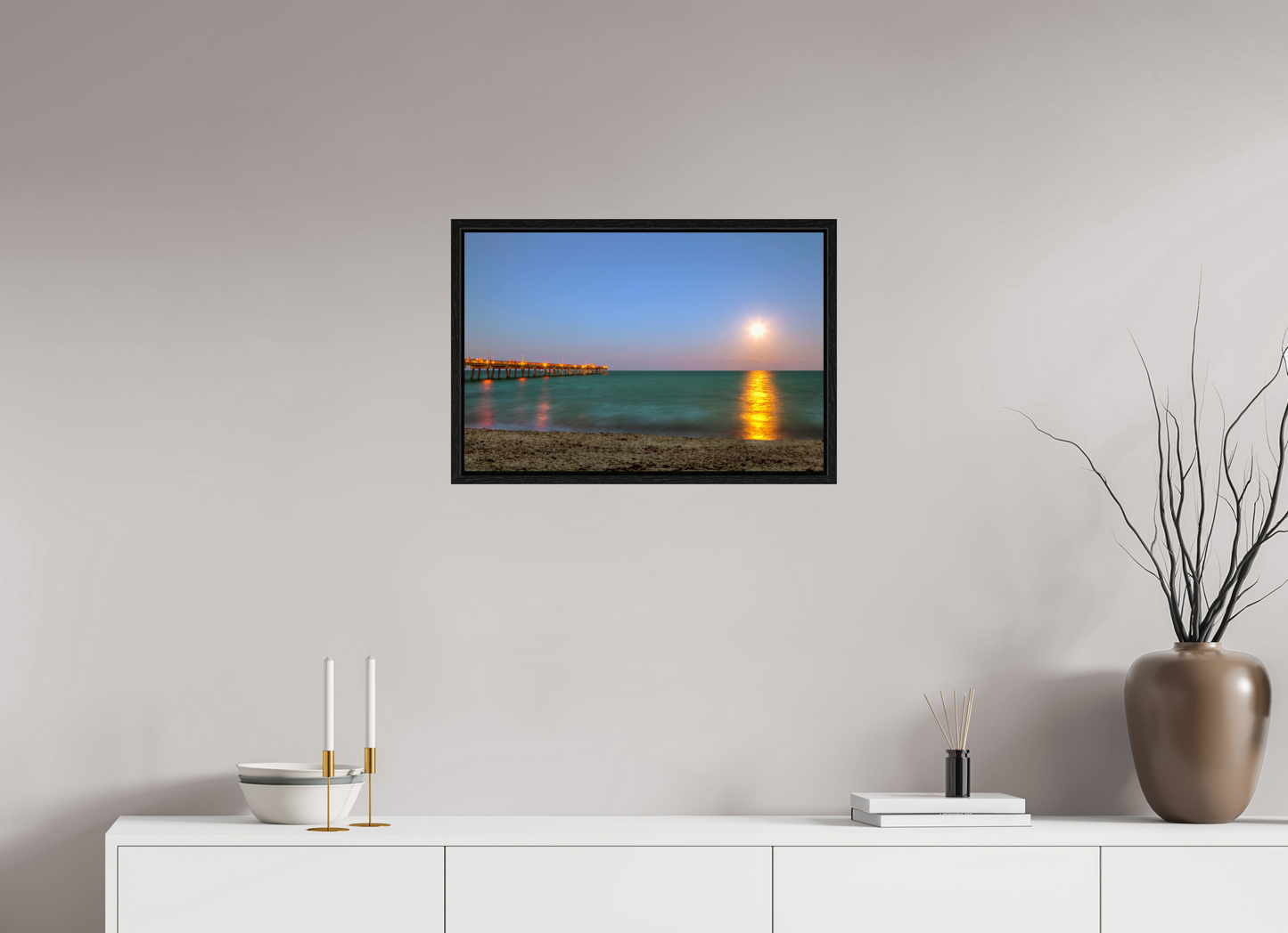 24 x 16″, Floater Frame Moonrise Over the Pier
