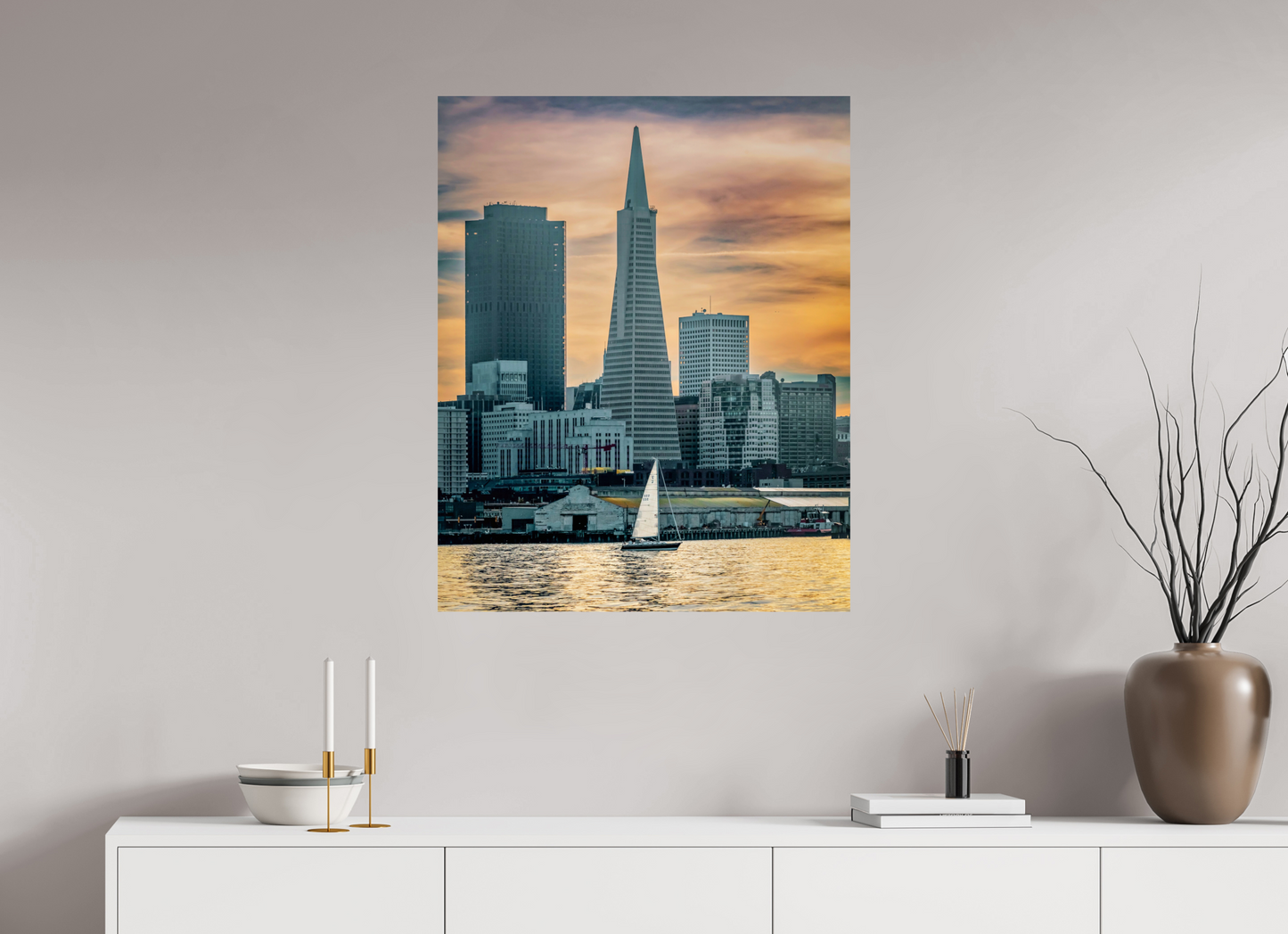 28 x 35″, Photo Print On Fuji Crystal DP II San Francisco Sunset with Sailboat — Transamerica Pyramid Fine Art Print