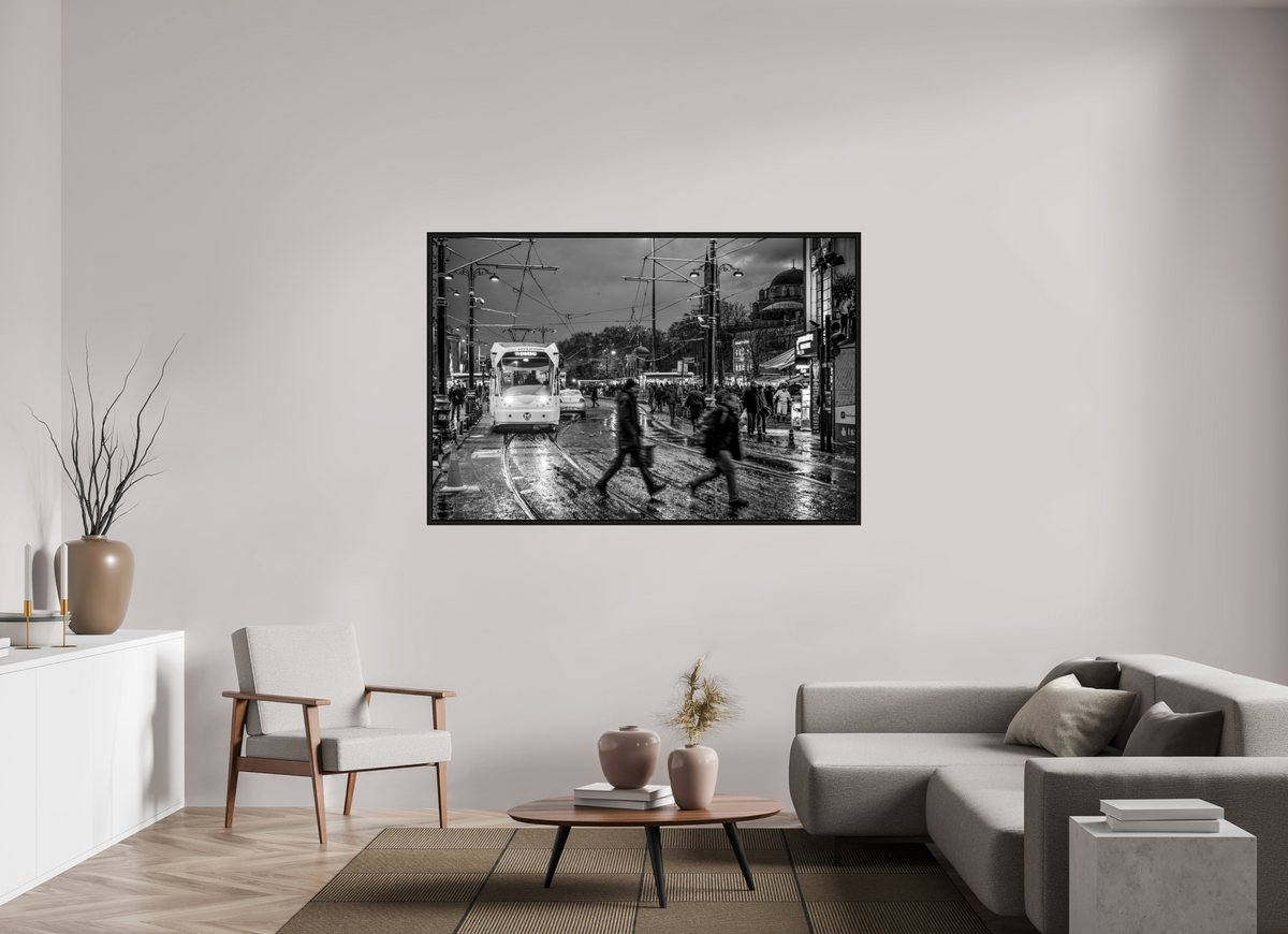 66 x 44″, Floater Frame Rainy Evening Tram — Istanbul Street Photography (Black & White)