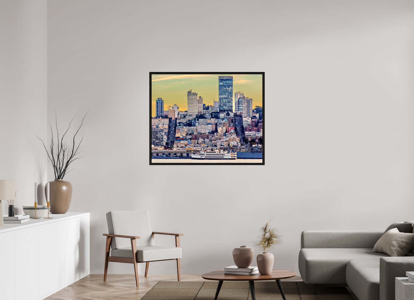43.7 x 35″, Floater Frame San Francisco - Cityscape with Ferry at Sunse