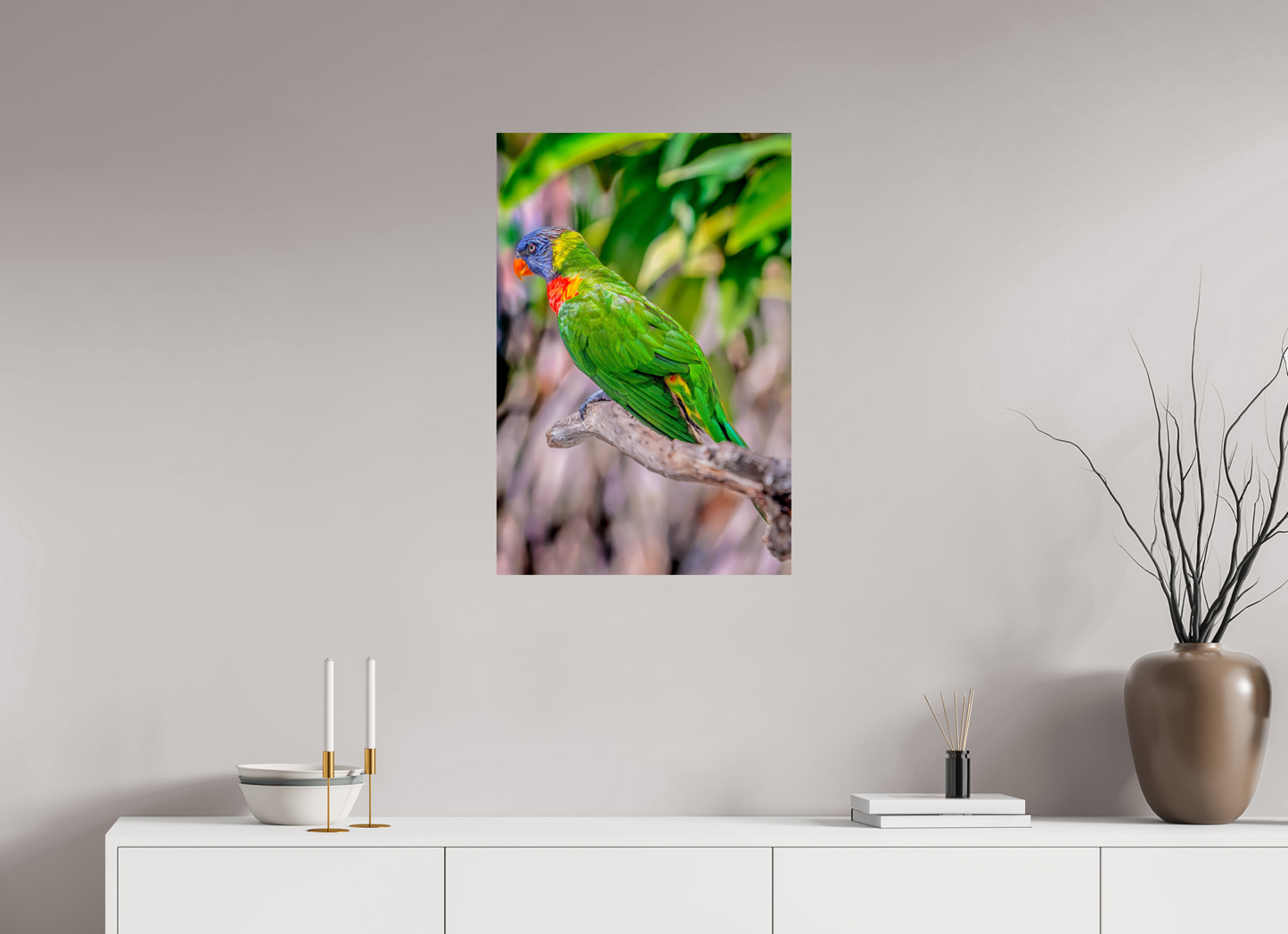 20 x 30″, Photo Print On Fuji Crystal DP II Rainbow Lorikeet on Branch – Vibrant Tropical Bird Fine Art Photography Print